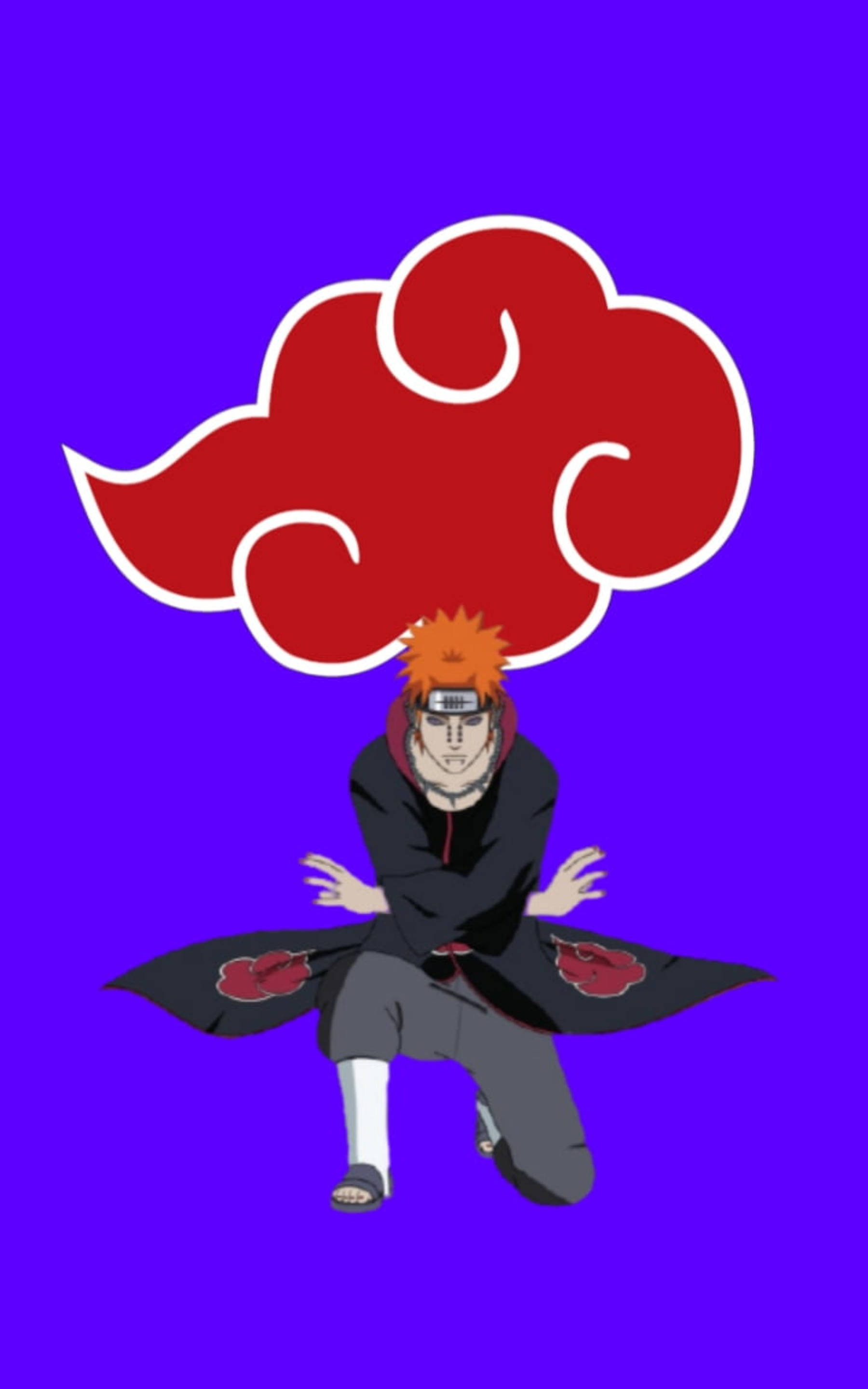 Pain Akatsuki 雲彩 iPhone 壁紙 — 橙色頭髮、身穿帶有紅色雲紋的黑色斗篷的動漫角色，蹲在純紫色背景前。
