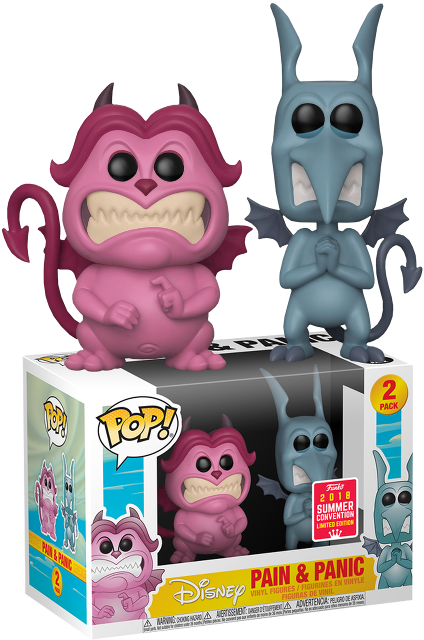 迪士尼 Pain and Panic Funko Pop人偶 壁紙 — 兩個迪士尼Pain和Panic的Funko Pop! 乙烯基公仔站在他們的收藏盒上，帶著誇張的笑容和惡魔角。
