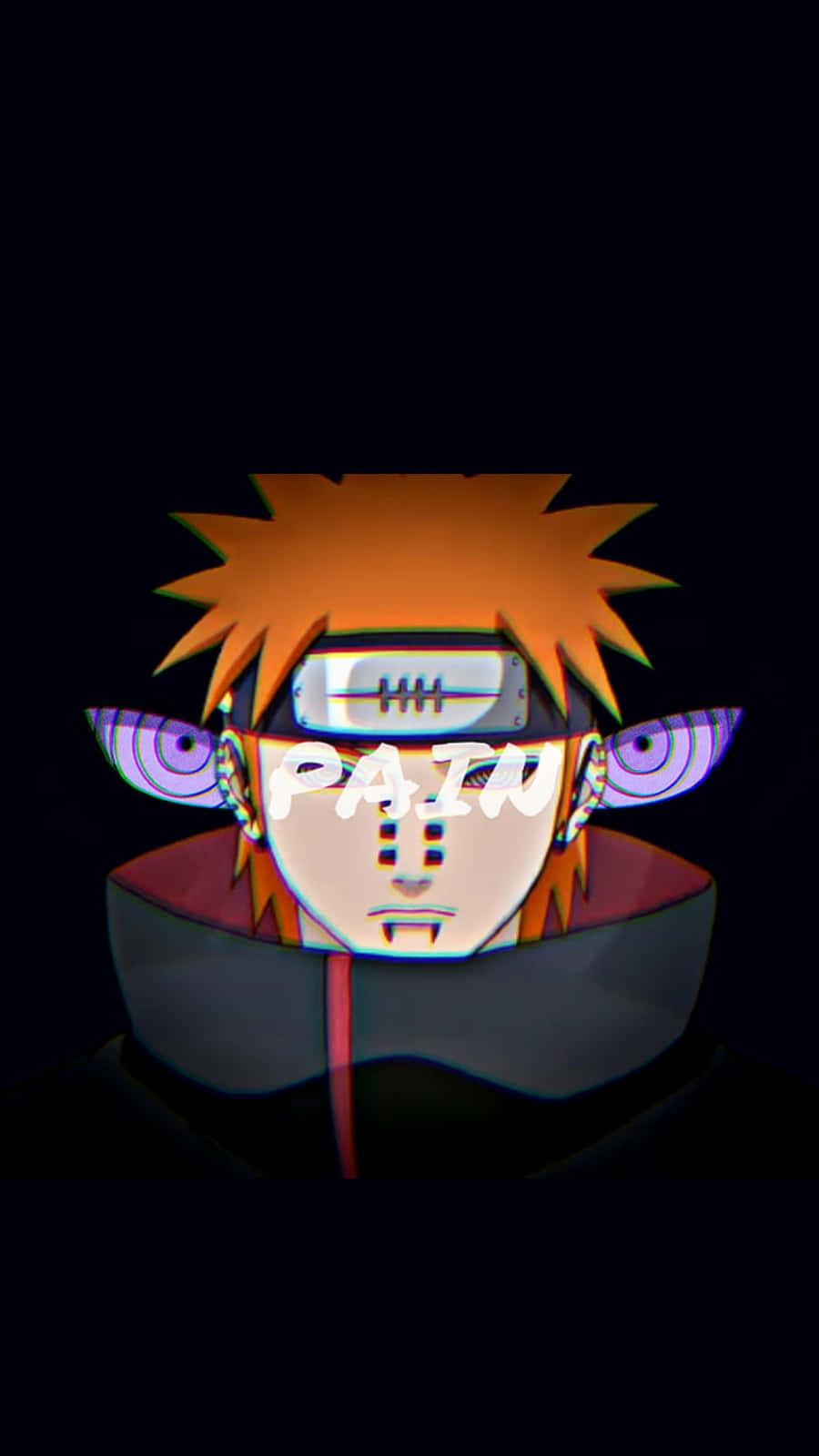 擁有橙色頭髮和紫色眼睛的動漫角色，PAIN 這個詞在他的臉上發光。