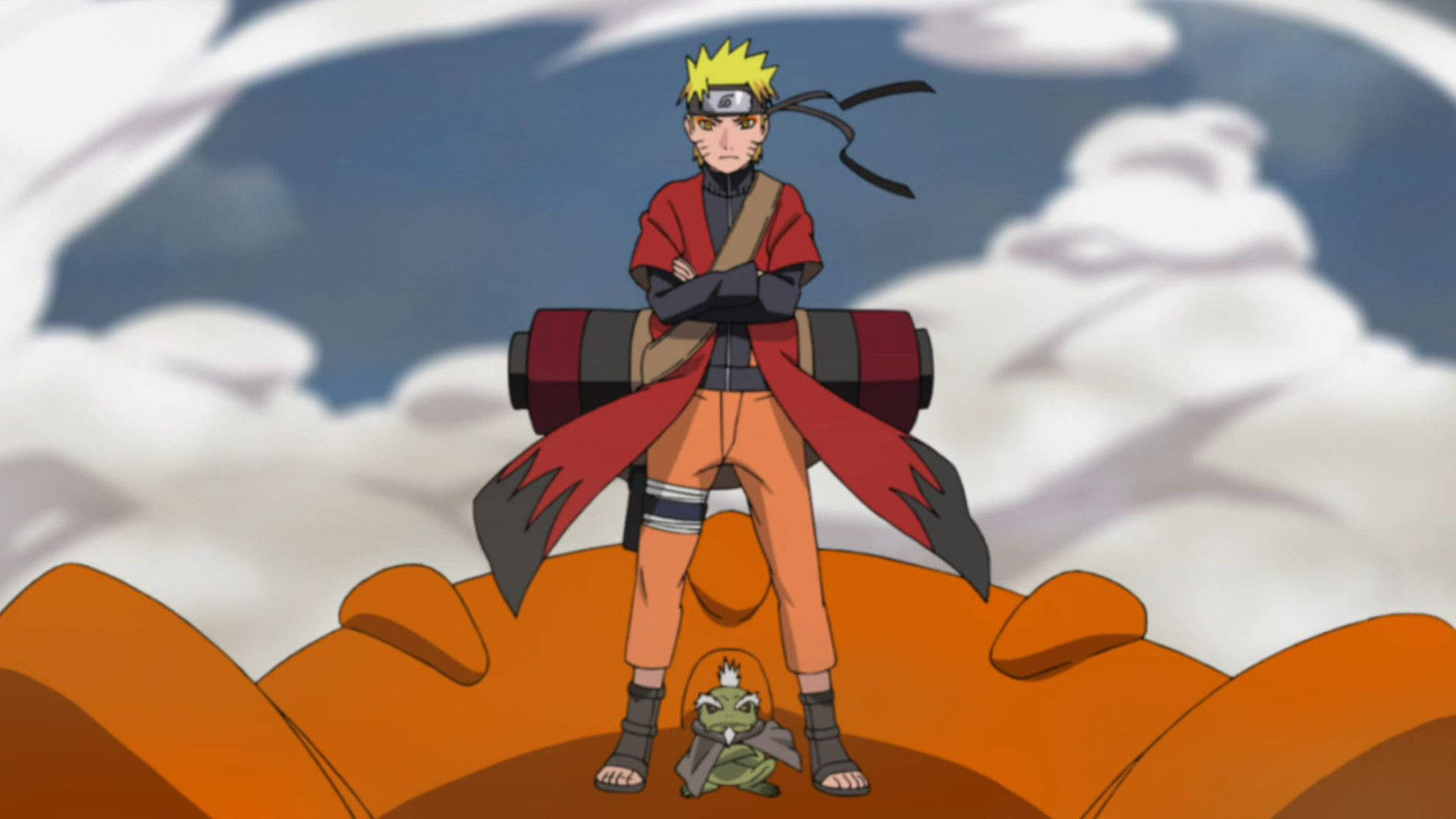 Naruto 交叉雙臂站在橙色地形上，旁邊有一隻蟾蜍。