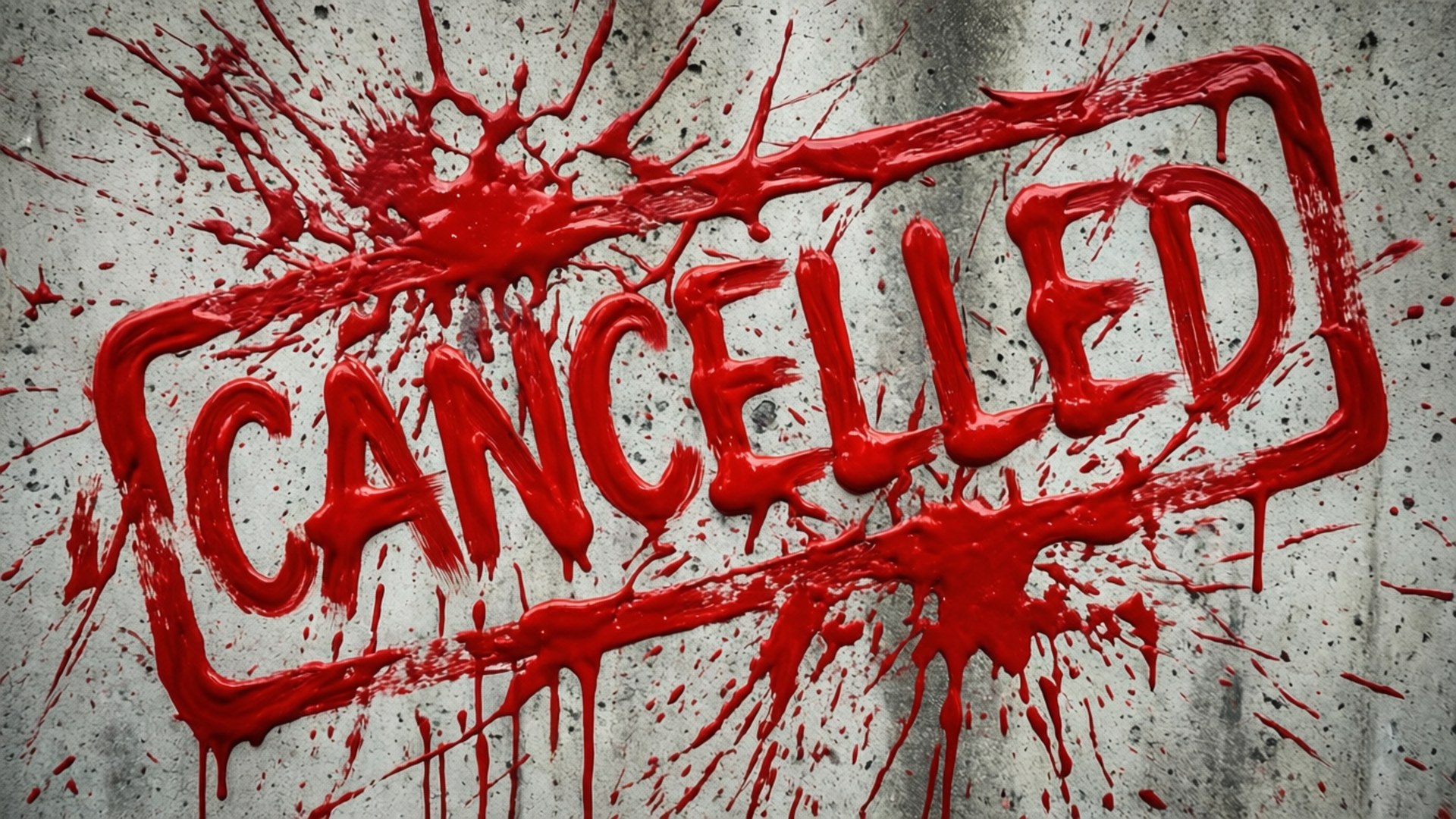 紅色油漆字樣「cancelled」濺在混凝土牆上，帶有滴落和飛濺。