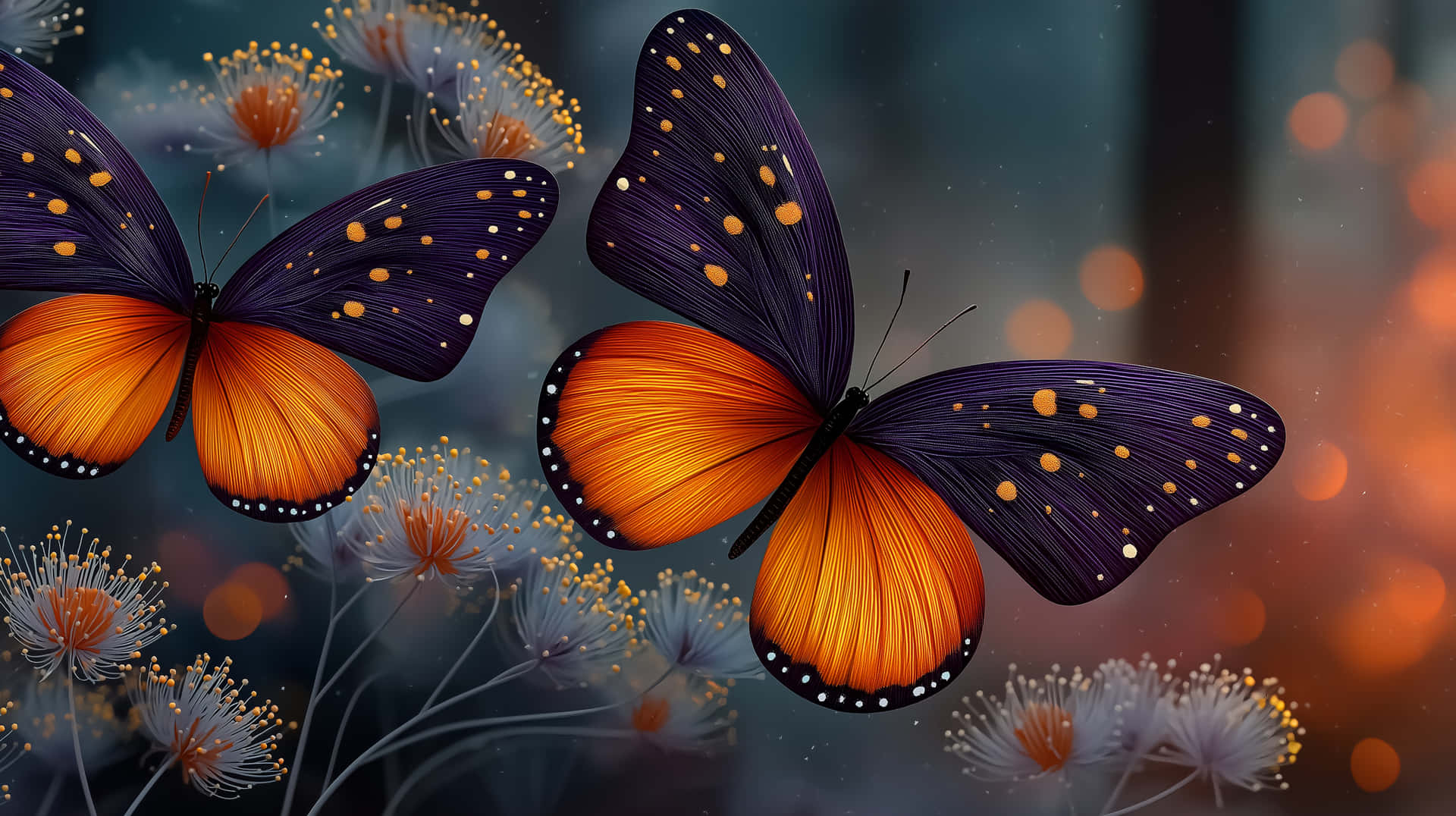 Pair of Butterflies Among Dandelion-like Plants in Soft Focus 壁紙 — 兩隻色彩鮮豔的蝴蝶，擁有紫色翅膀和橙色腹部，在模糊的散景背景下，在發光的尖刺花朵間翩翩起舞。