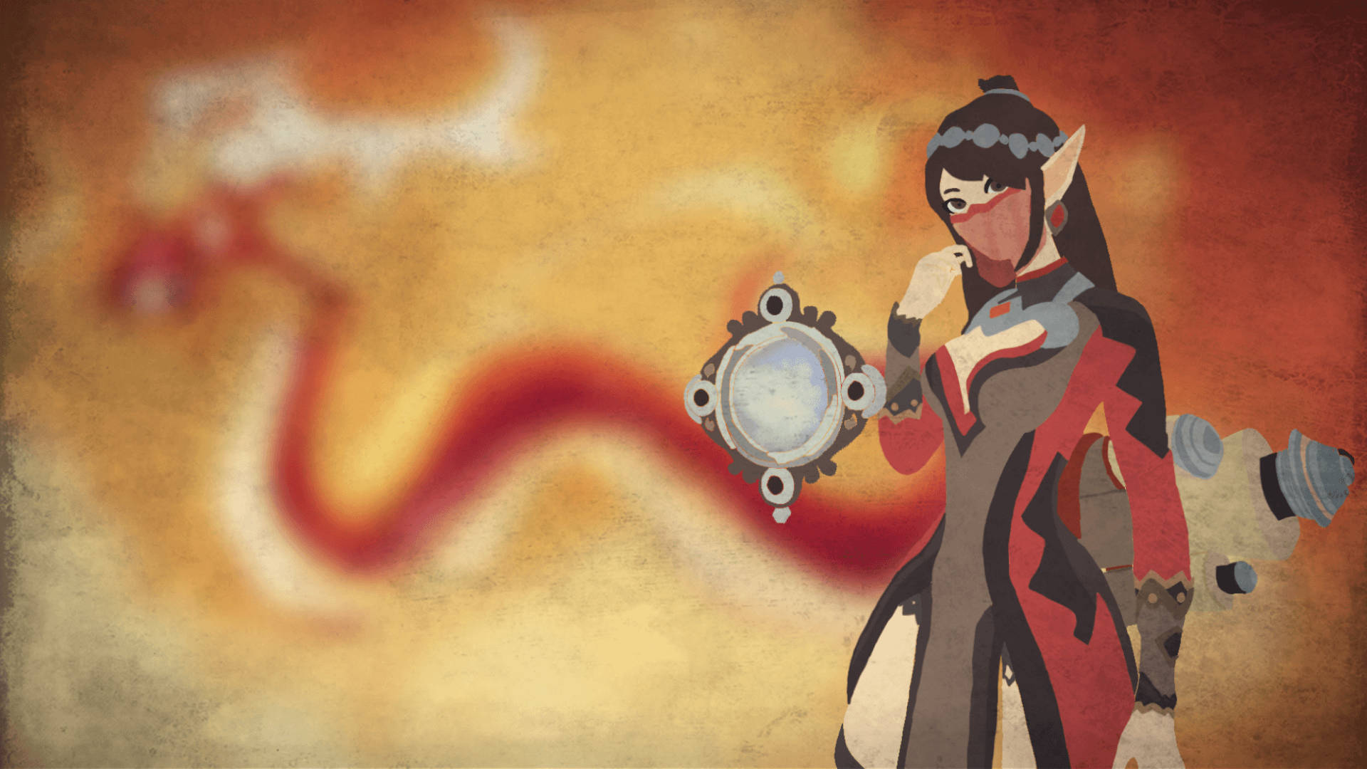 遊戲《Paladins》角色 Ying The Snapdragon 向量藝術 壁紙 — 一位風格化的精靈戰士身穿紅黑盔甲，手持發光球體，身後有一條火龍在溫暖色調中盤旋。