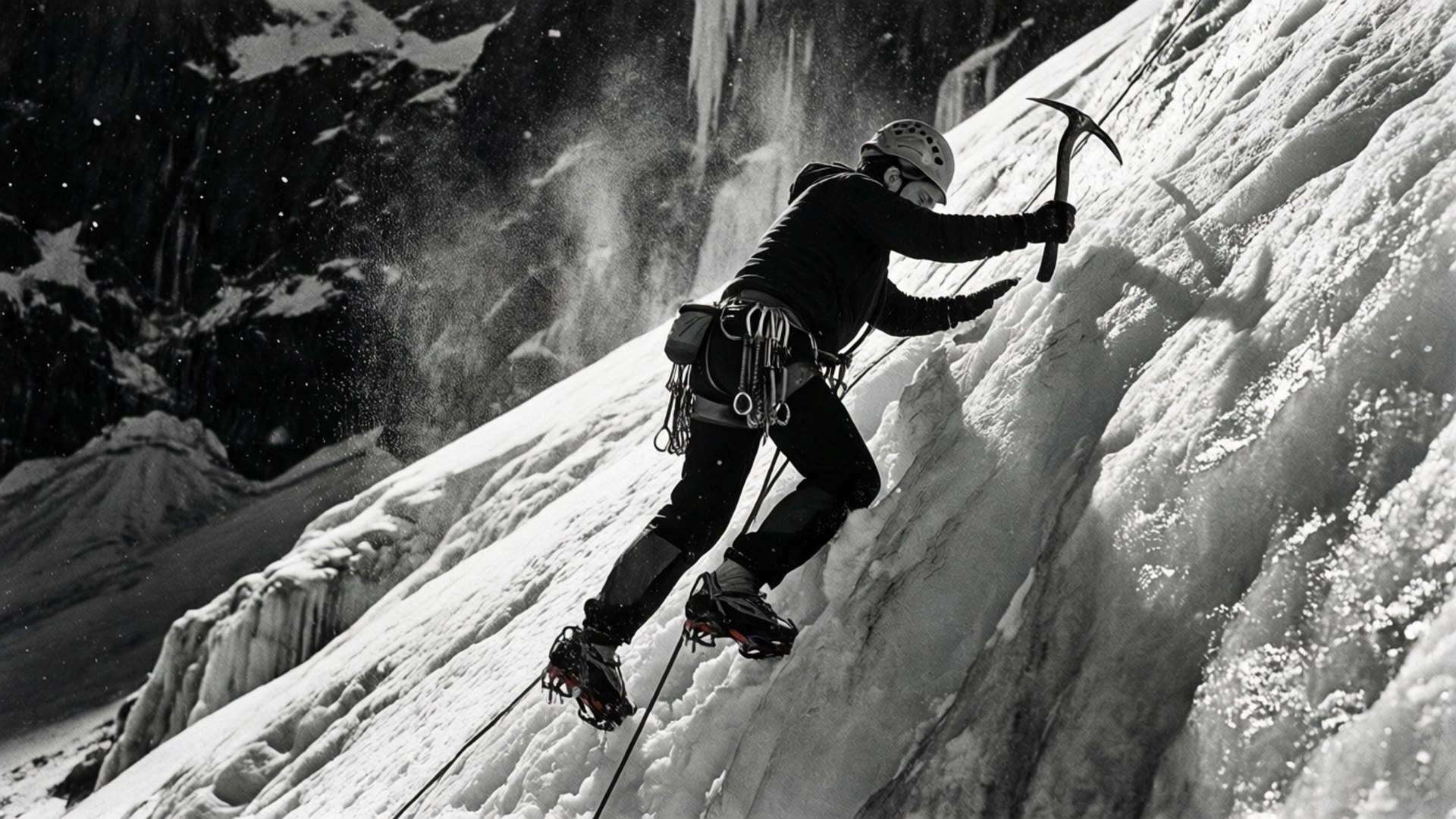 Ice Ascent in Monochrome 壁紙 — 一名攀岩者用冰斧和冰爪攀爬陡峭的冰崖，黑白照片充滿戲劇性。