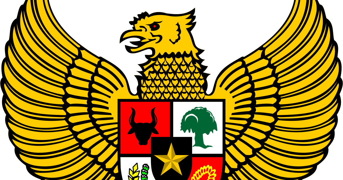 印度尼西亞嘉魯達 Pancasila 徽章 壁紙 — 一隻大膽的金色迦樓羅展開翅膀，手持一個分為四個部分的盾牌，上面有公牛、樹木、星星和小麥，背景為黑色。