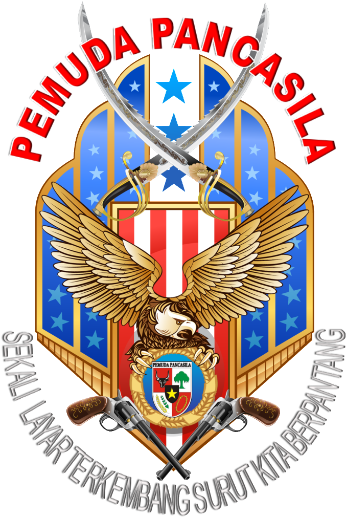 印度尼西亞加魯達 Pancasila 徽章 壁紙 — 一個大膽的徽章，中央有一隻展翅的金色老鷹抓著盾牌，兩側交叉著劍和手槍，背景是藍色星空搭配紅白條紋。