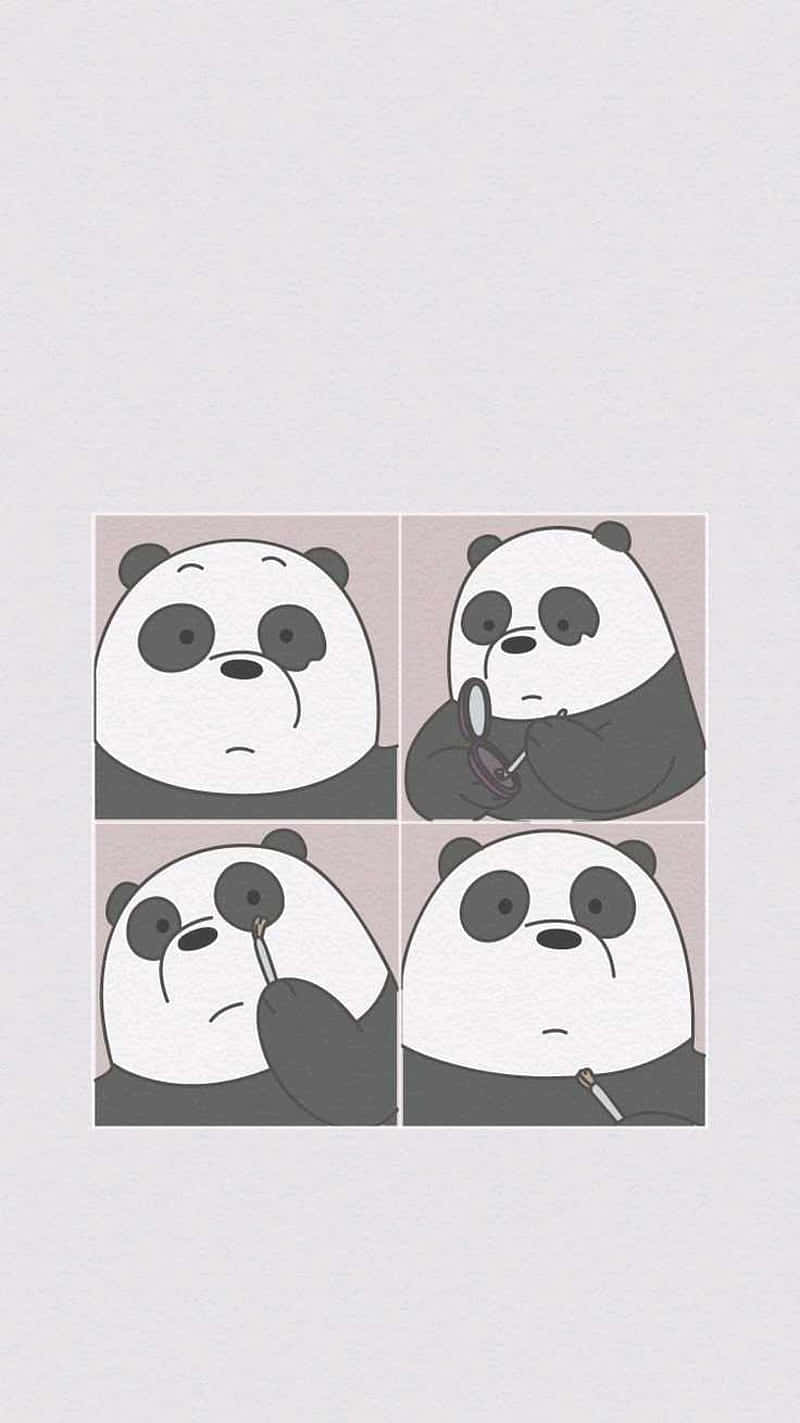 可愛《我們熊熊》Panda 壁紙 — 四格漫畫，一隻卡通熊貓用鏡子塗口紅，表情不悅。