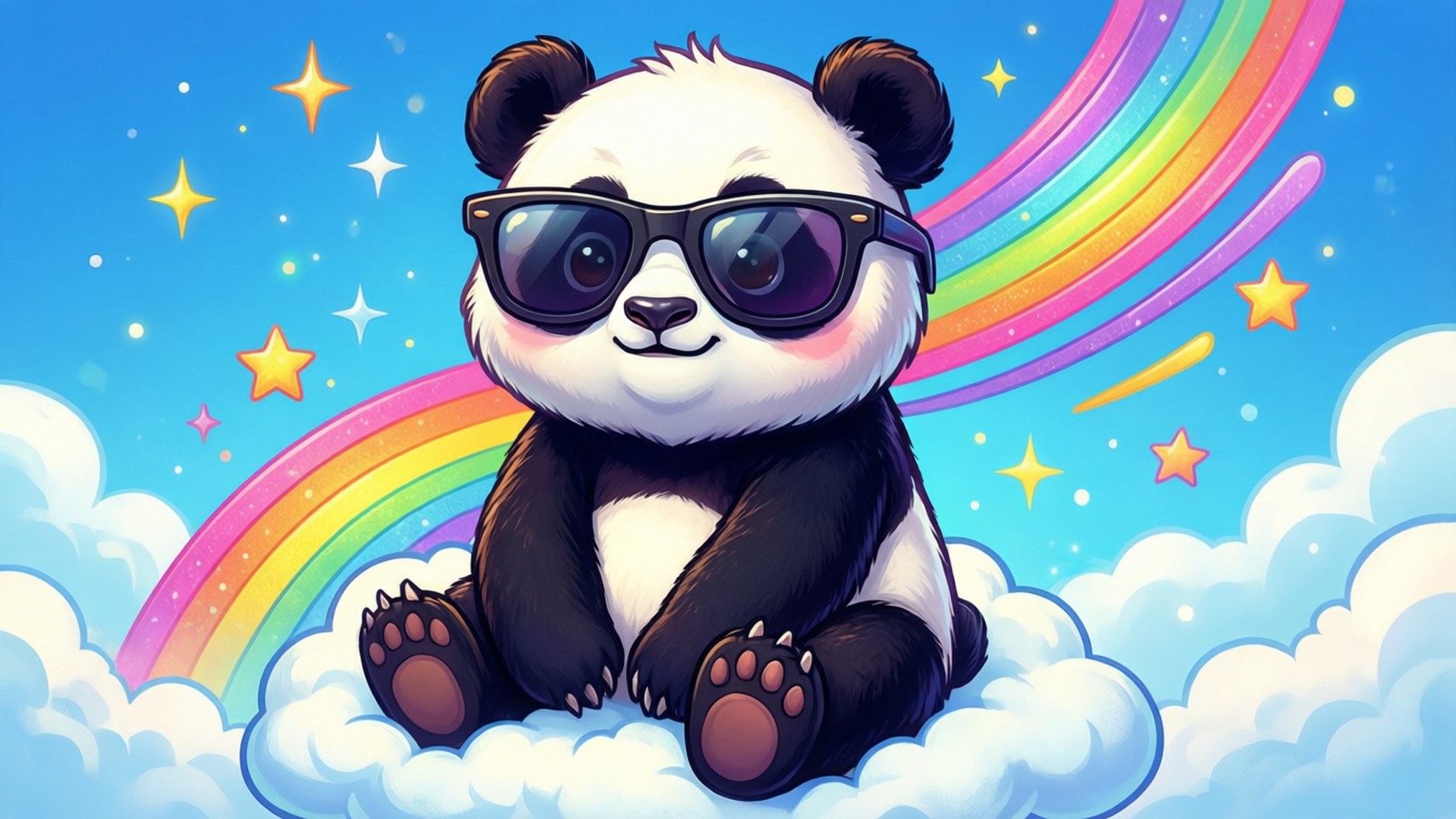 卡通熊貓戴太陽眼鏡坐在雲上，有彩虹和星星