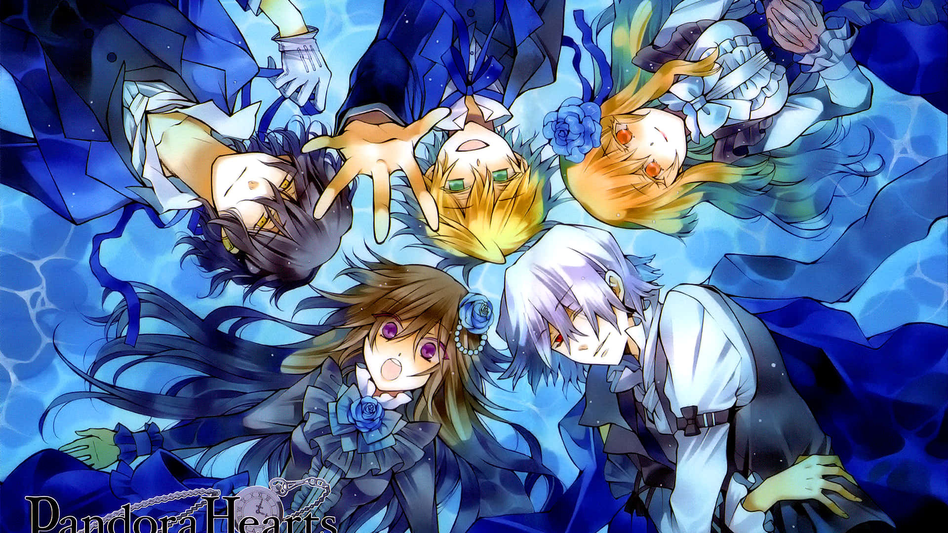 《 Pandora Hearts 》角色群像 壁紙 — 五個動漫角色漂浮在深藍色的水底深淵中，表情豐富，頭髮飄逸。