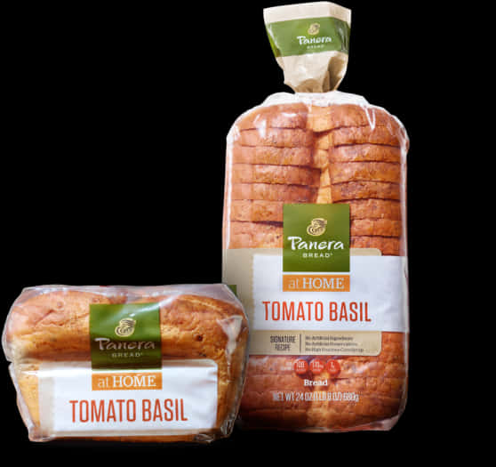 Panera番茄羅勒麵包包裝 壁紙 — 兩個包裝好的Panera Bread番茄羅勒麵包，在黑色背景上展示。