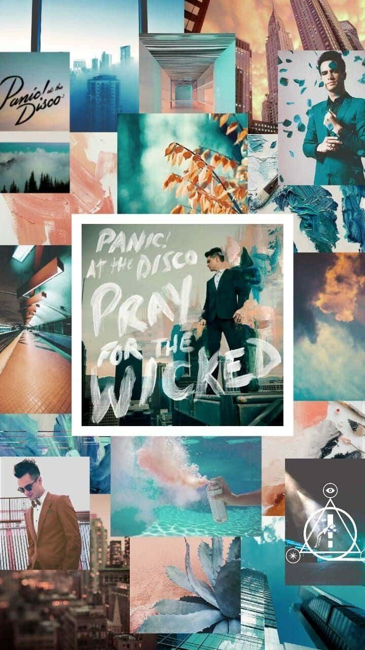Panic! At The Disco 流行音樂 壁紙 — 一幅充滿活力的拼貼畫，包含城市景觀、專輯藝術和超現實圖像，以Panic! At The Disco的《Pray For The Wicked》封面為特色。