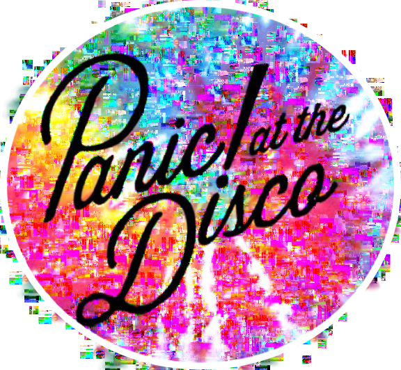 Panic! at the Disco 鬧鐘藝術圖 壁紙 — 一個圓形標誌，在帶有故障效果的彩虹背景上以黑色草書寫着「Panic! at the Disco」。