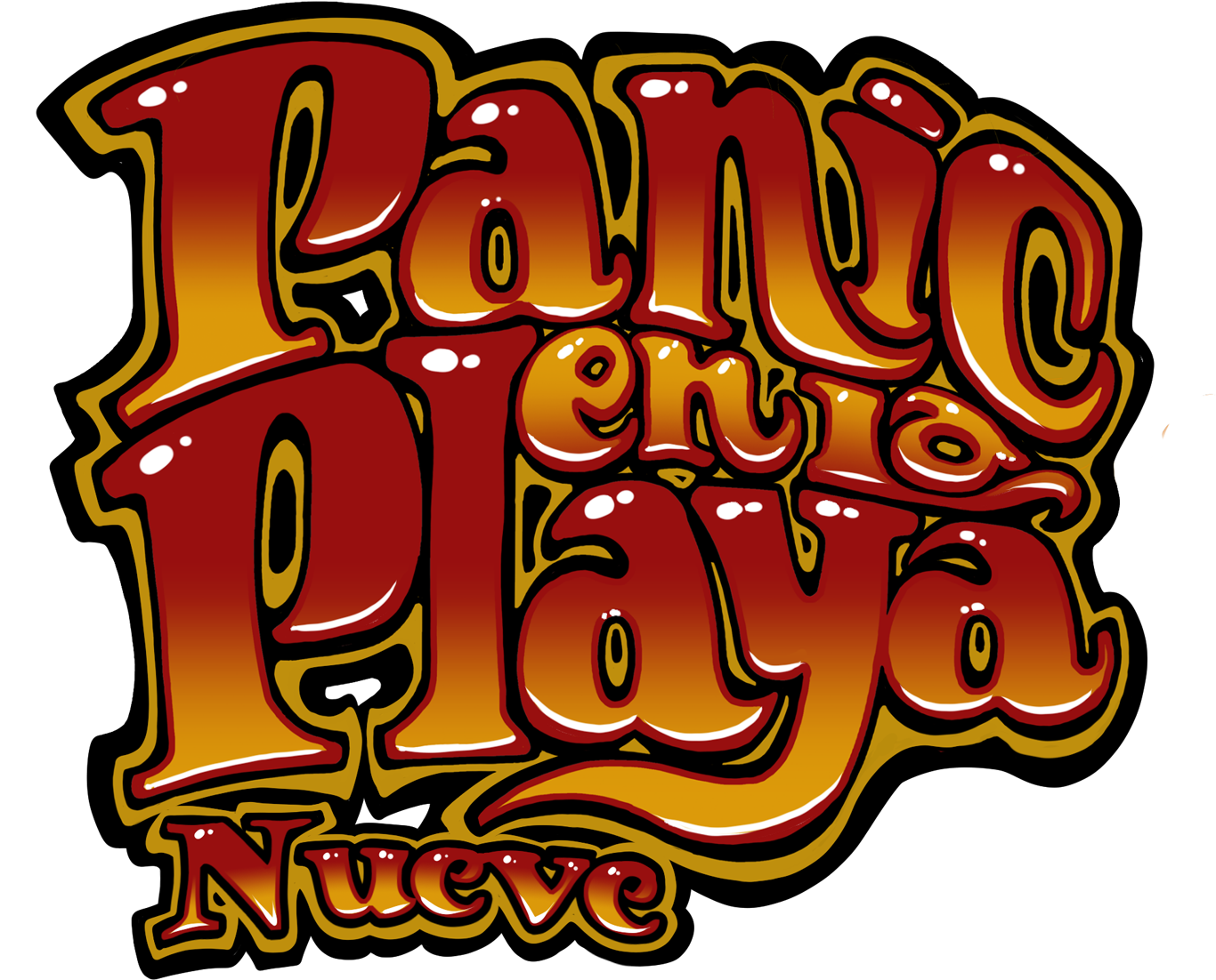 Panic en la Playa Nueve 標誌 壁紙 — 大膽復古風格標誌，黑色背景上帶有光澤紅橙色漸變文字「Panic en la Playa Nueve」。