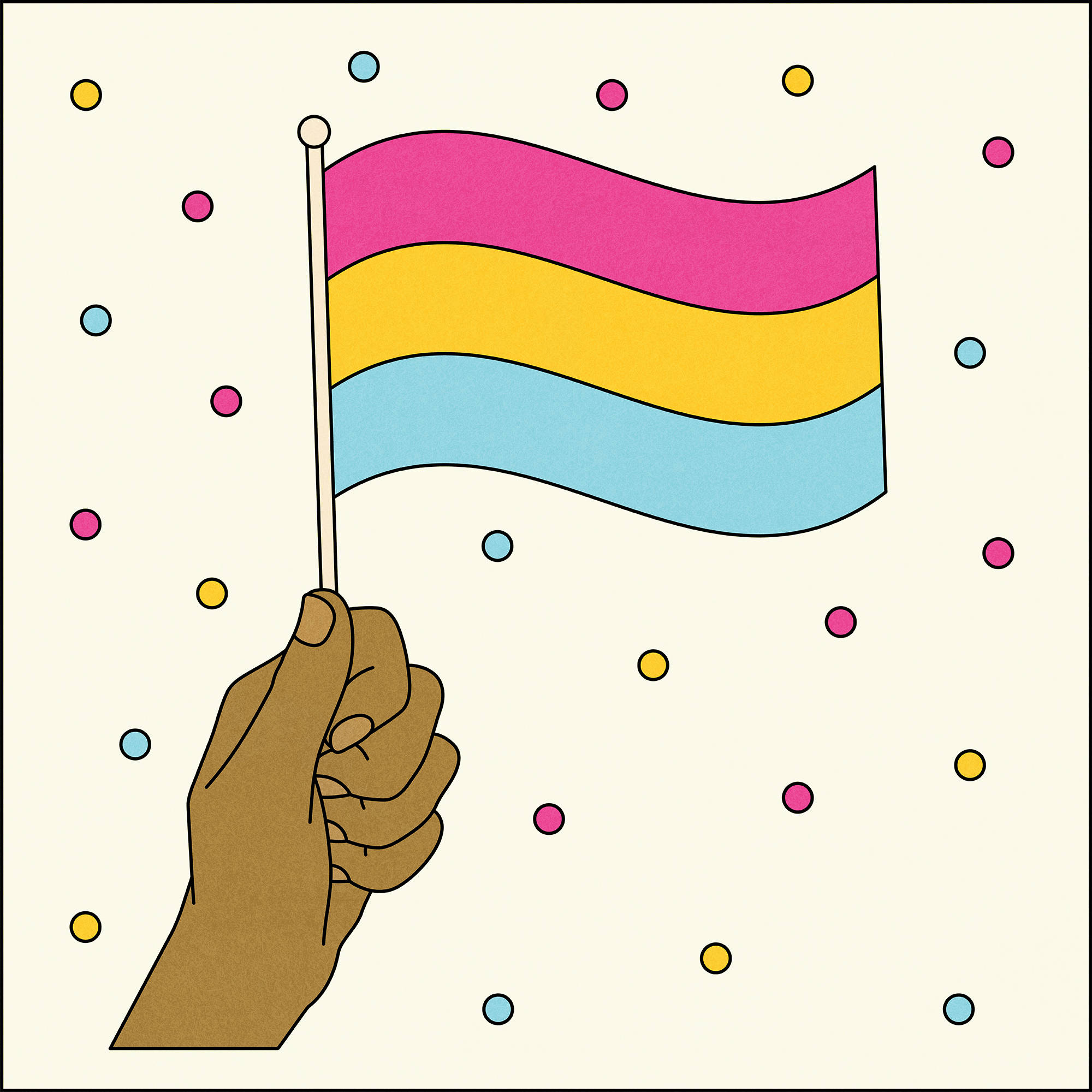 Pansexual Flag And Polkadots 壁紙 — 一隻手舉起飄揚的泛性戀旗幟，背景是散落的彩色圓點。