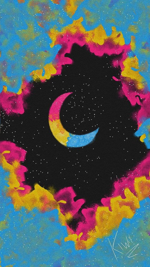 一個色彩繽紛的宇宙場景，新月被發光的星雲包圍。