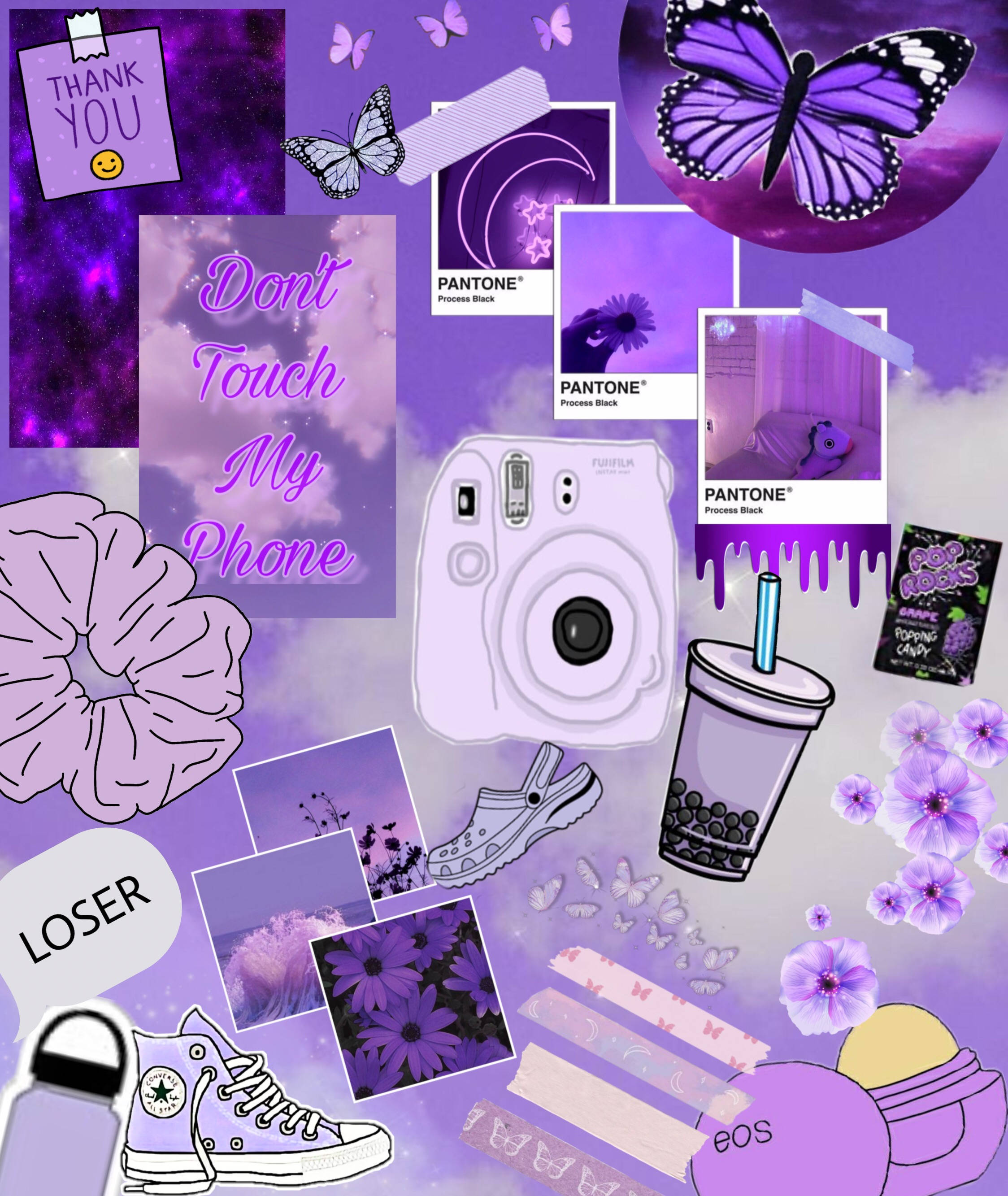 Pantone 2022非常紫Picsart 壁紙 — 一個充滿活力的紫色主題數位拼貼，包含蝴蝶、即影即有相機、珍珠奶茶和手寫筆記，展現年輕美學。