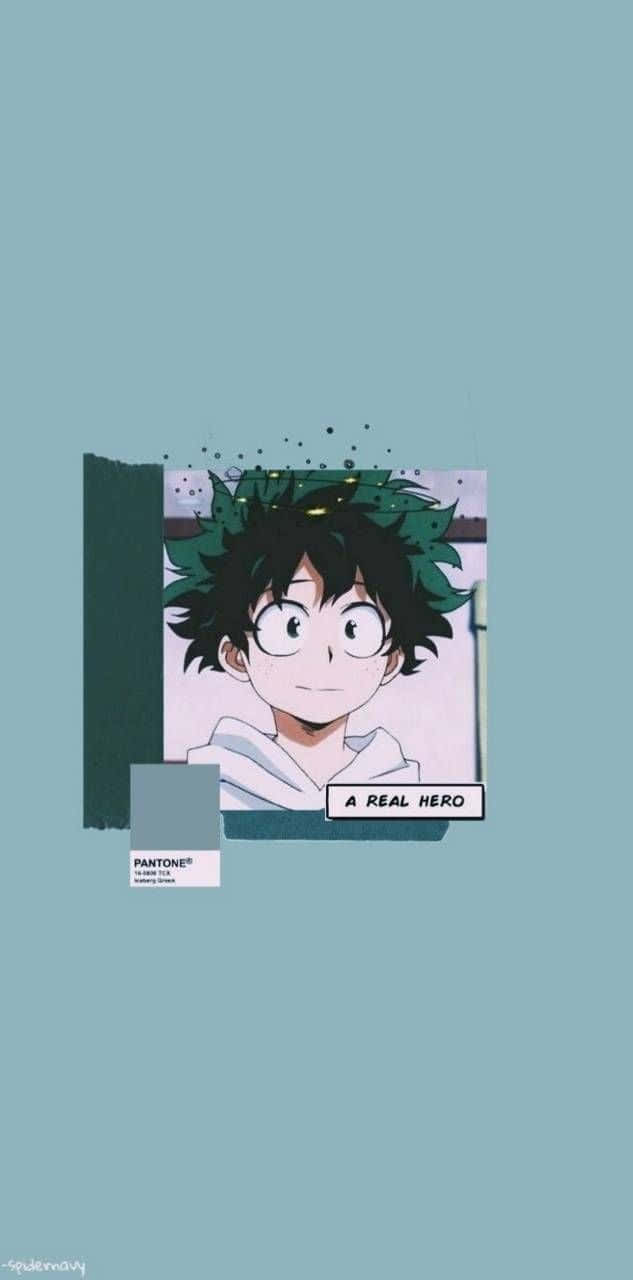 可愛風格的 Pantone 綠色背景 Deku 壁紙 — 動漫角色，綠色尖刺頭髮，戴眼鏡，在青綠色背景上溫柔微笑，帶有「A REAL HERO」文字。