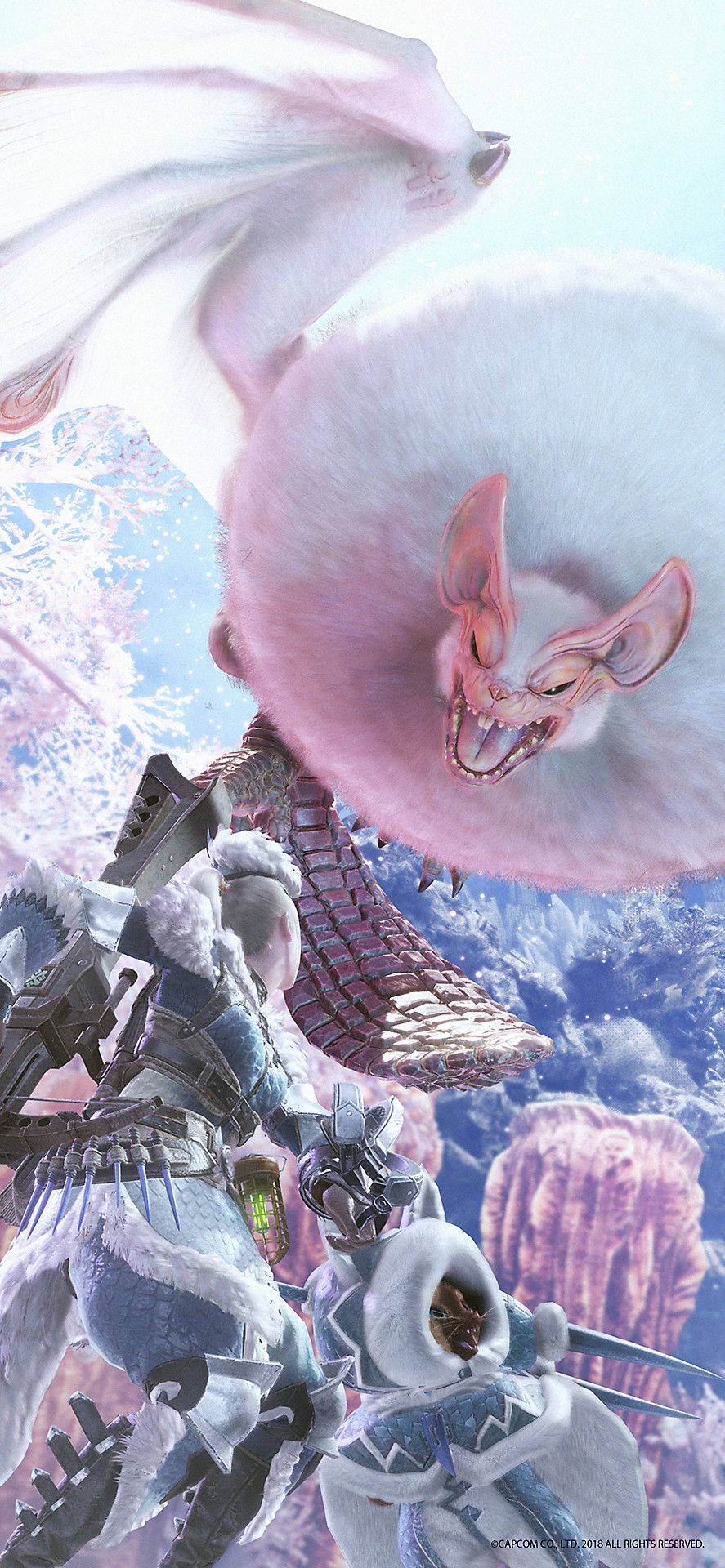 在《魔物獵人 世界》中與 Paolumu 一起翱翔天際 壁紙 — 一名穿著冬季裝備的獵人在雪山背景下與一隻巨大的粉紅色毛茸茸怪物戰鬥。