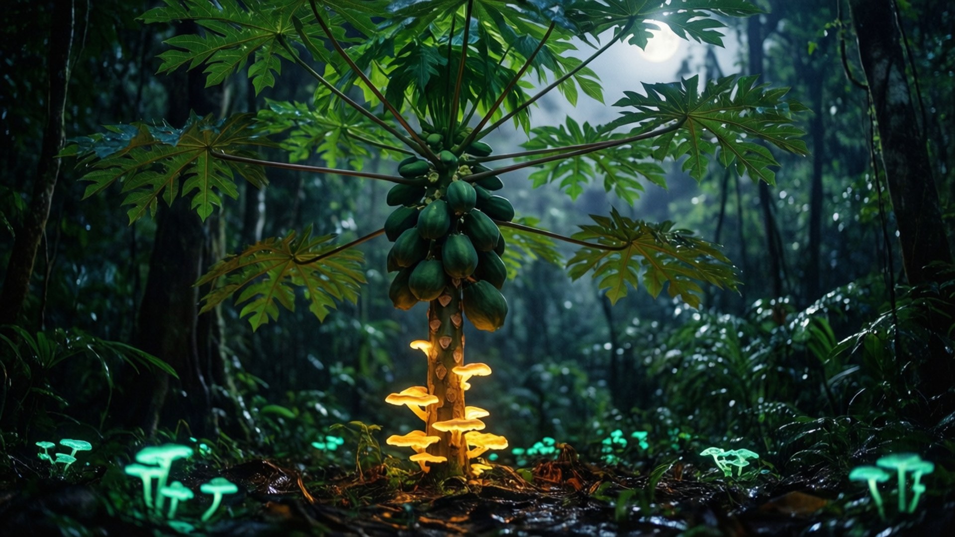 Night Rainforest Pawpaw 壁紙 — 一棵結滿綠色果實的木瓜樹矗立在霧氣瀰漫的叢林中，被發光的蘑菇和透過茂密樹葉灑落的月光照亮。
