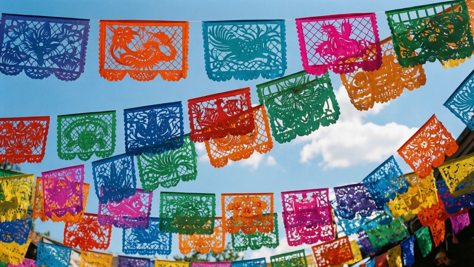 色彩繽紛的 papel picado 橫幅掛在藍天白雲前