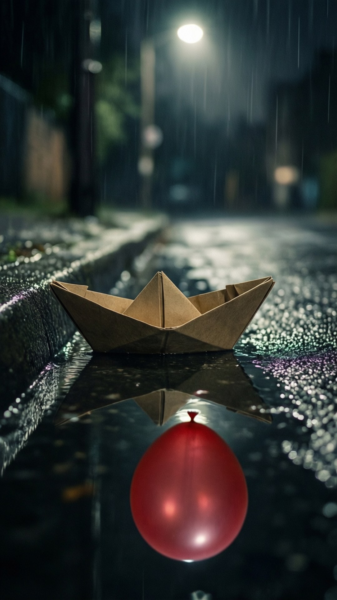 一隻紙船和紅色氣球在夜晚的街燈下，停放在潮濕的路面上。