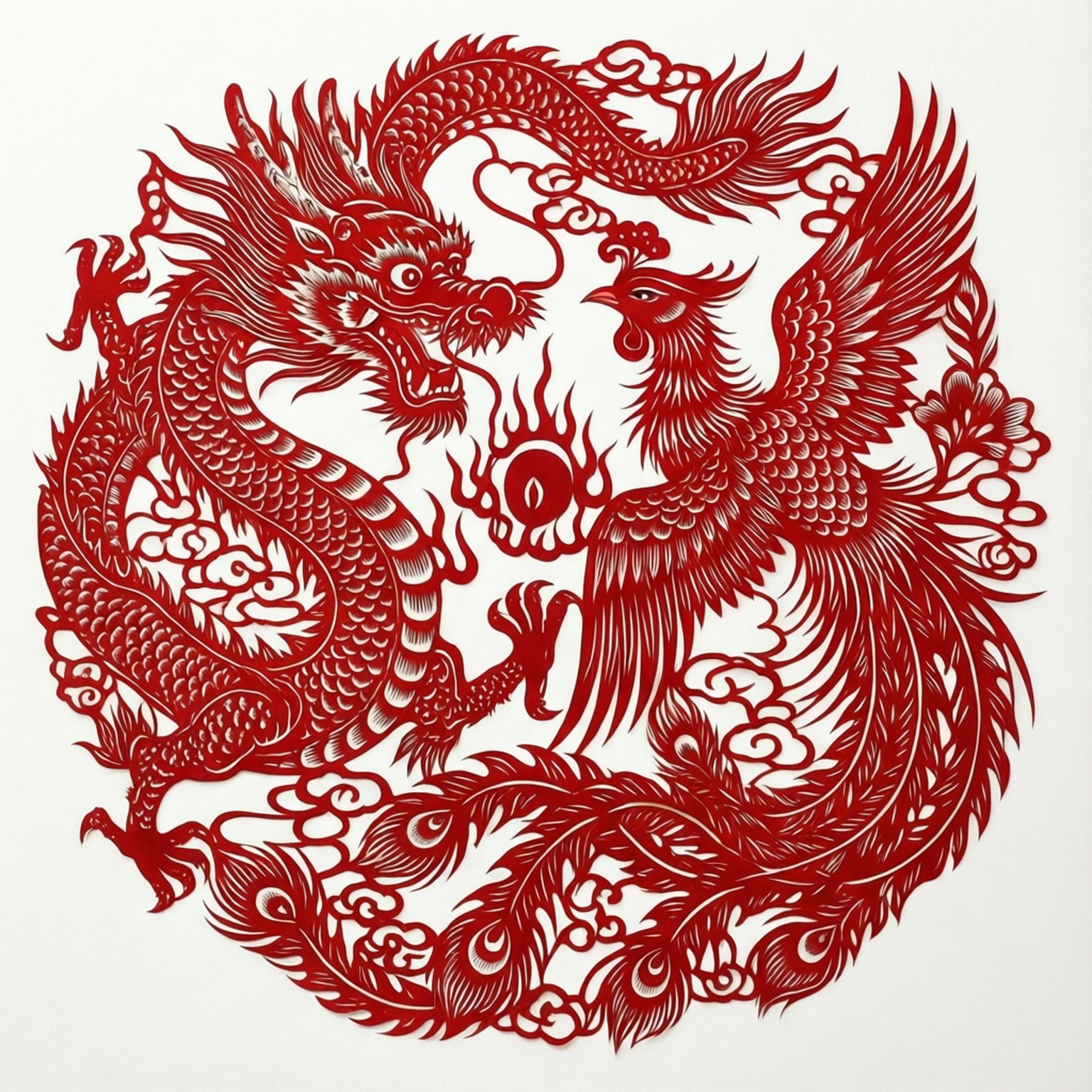 紅色剪紙設計，龍和鳳凰面對面，其間有火焰。