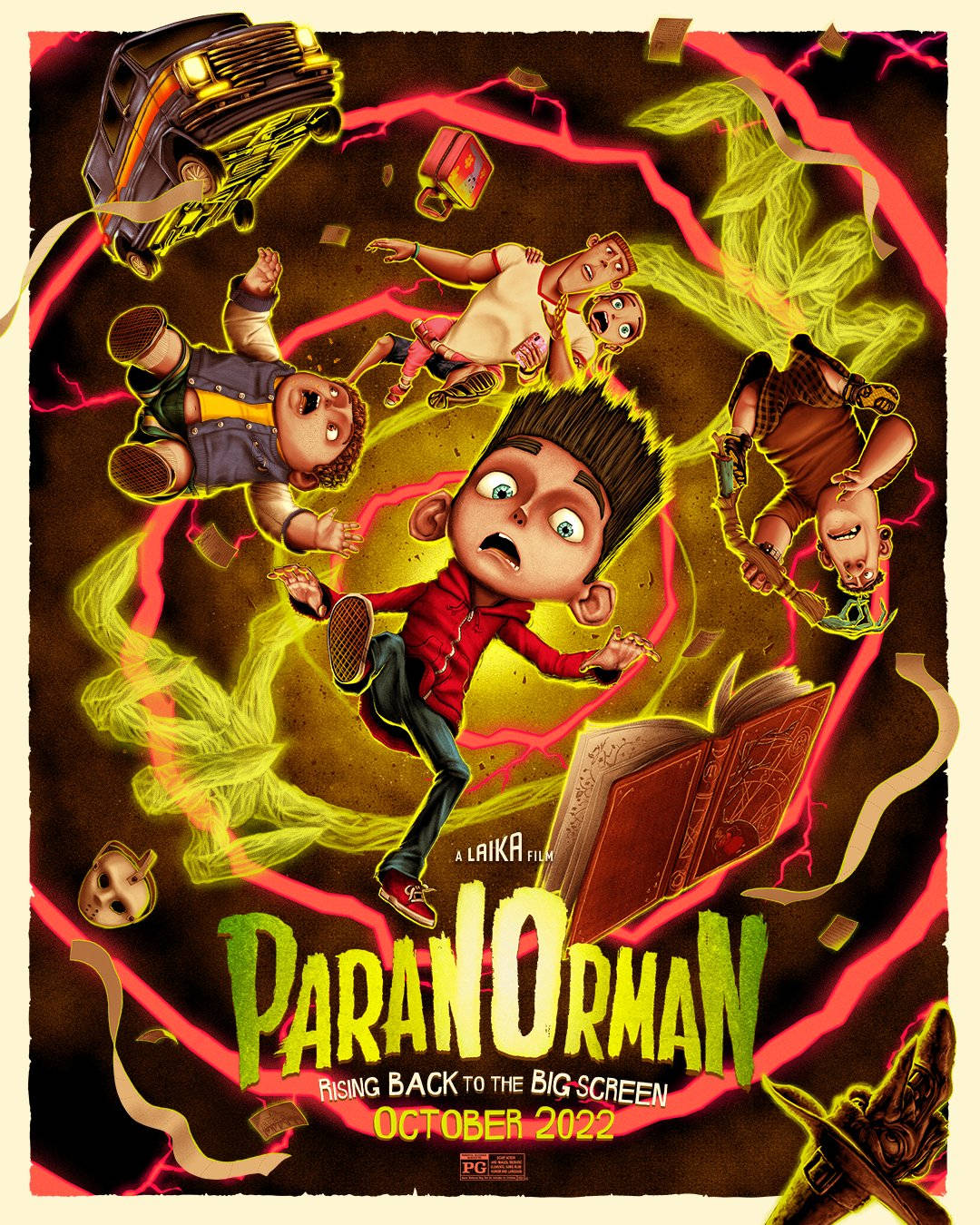 ParaNorman 電影海報藝術表現 壁紙 — 一個穿著紅色襯衫的受驚男孩被捲入一個旋轉的霓虹閃電漩渦中，周圍有漂浮的朋友和一輛飛行的汽車。