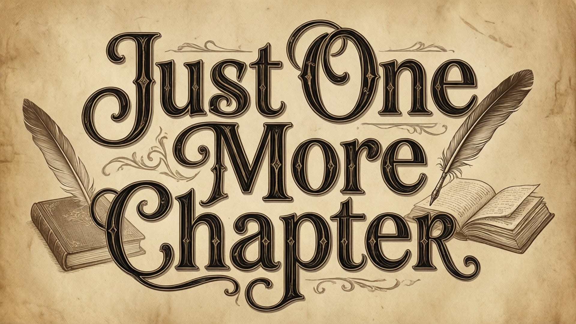 復古書籍插圖，帶有羽毛筆和華麗文字「Just One More Chapter」