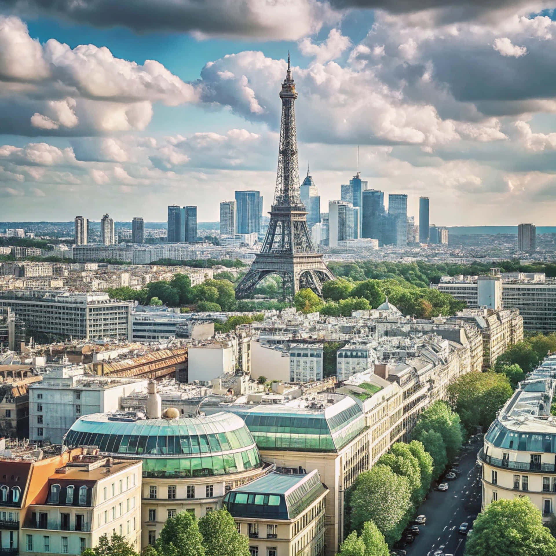 Paris skyline 壁紙 — 艾菲爾鐵塔在戲劇性的多雲天空下聳立於巴黎屋頂之上，遠處有現代摩天大樓。
