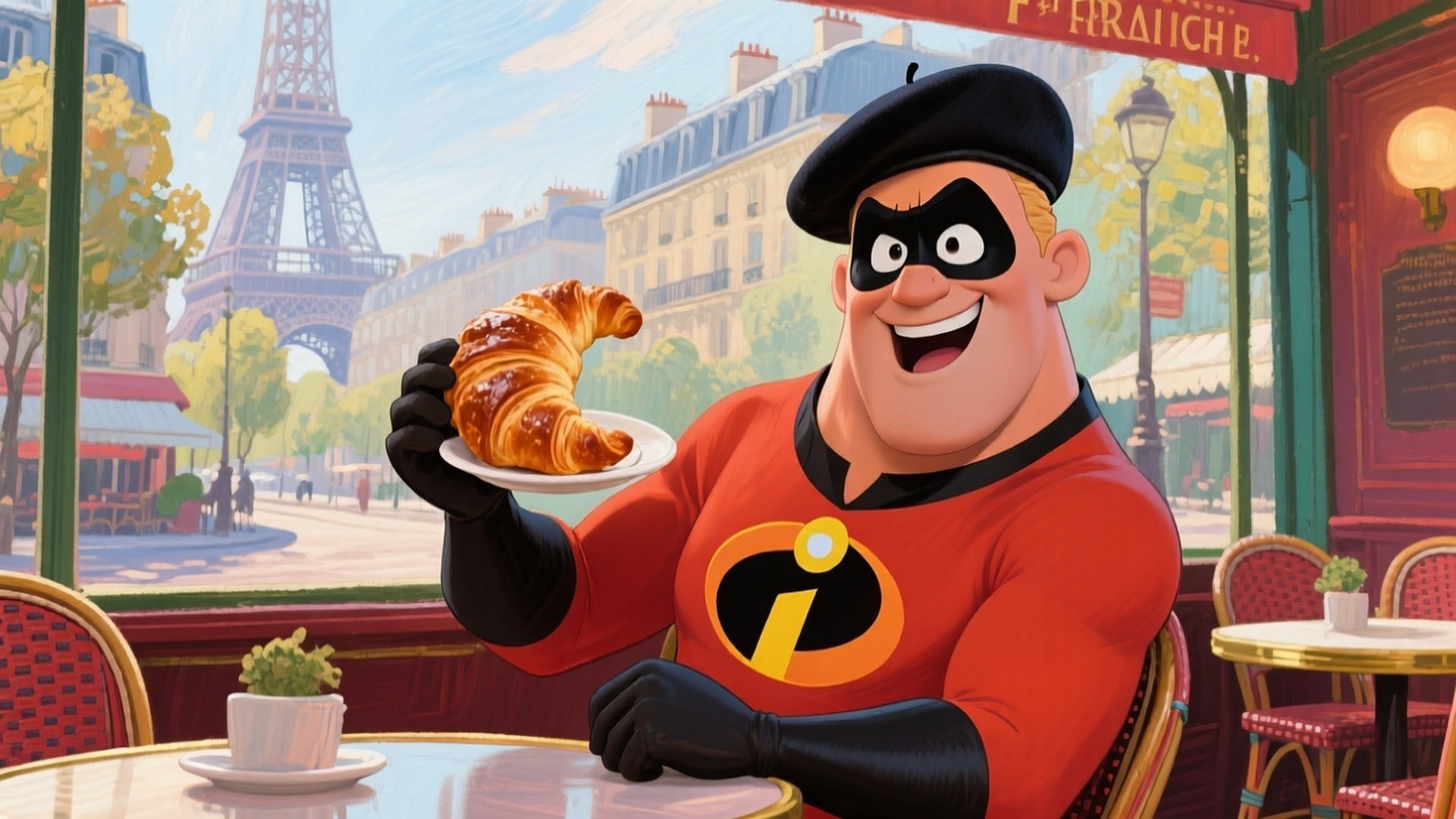Mr. Incredible 在巴黎咖啡館享用牛角包，欣賞艾菲爾鐵塔的景色。