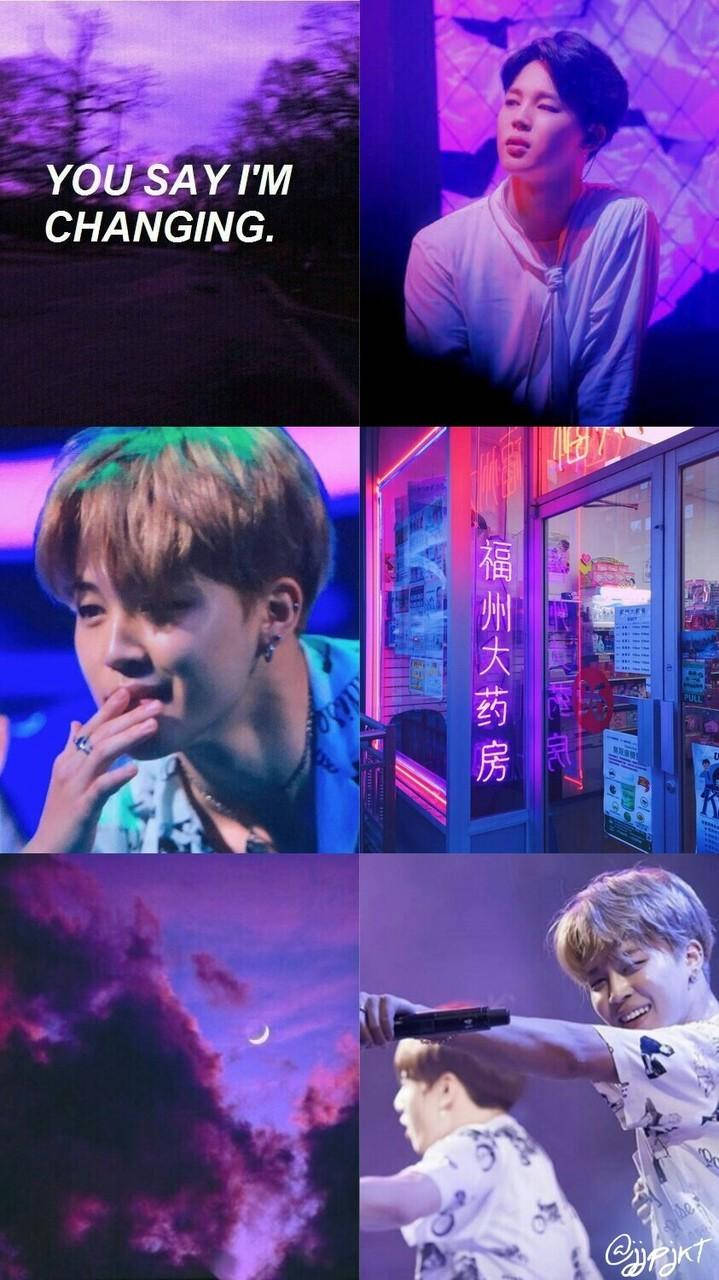 Park Jimin紫調美學壁紙 壁紙 — 一幅充滿活力的紫色拼貼畫，以K-pop偶像為特色，場景包括霓虹燈街道和帶有新月戲劇性的天空。