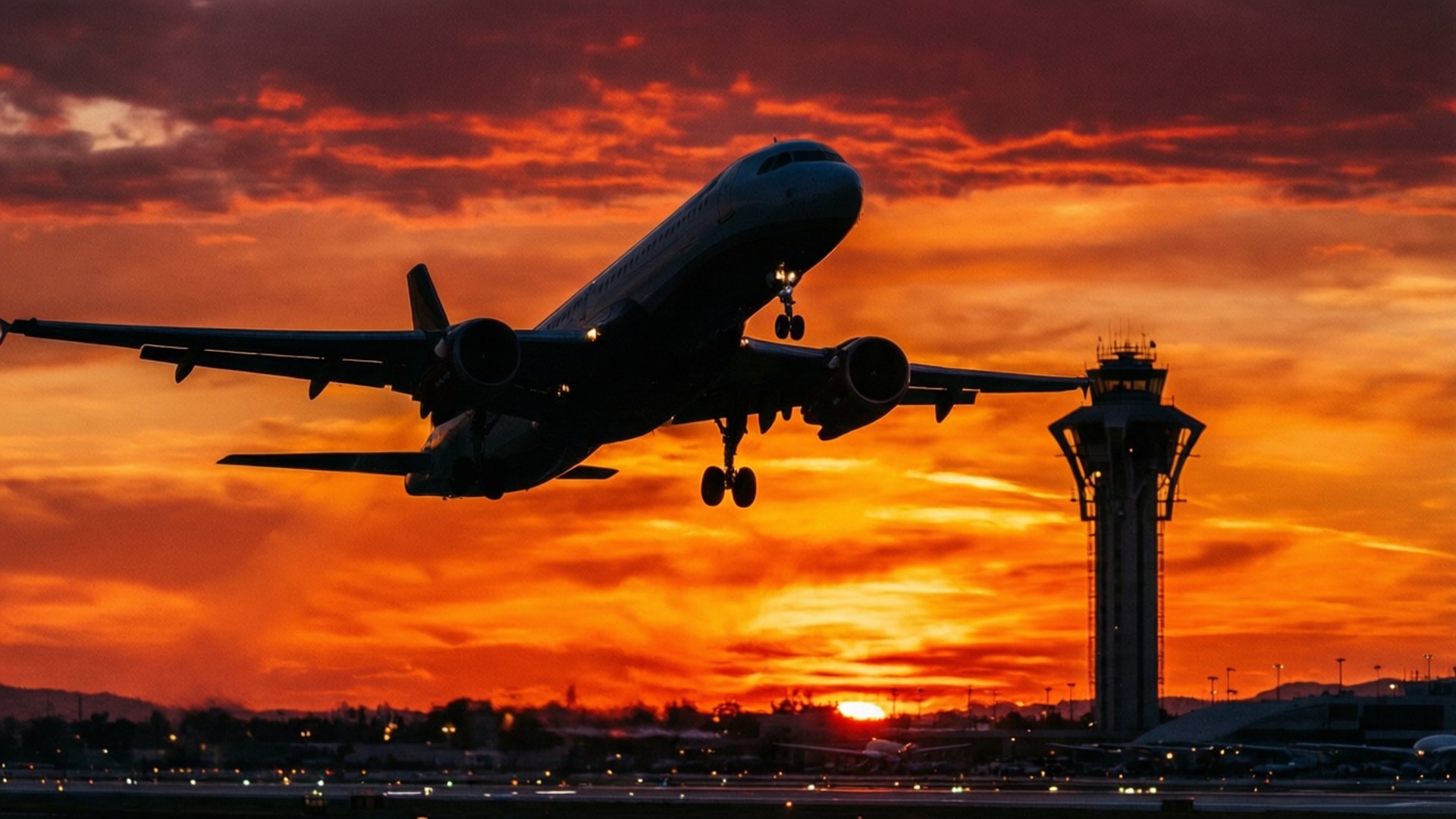 飛機在鮮豔的橙色夕陽中降落機場。
