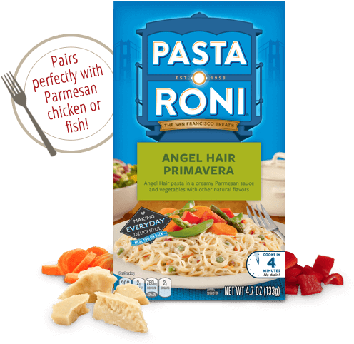 Pasta Roni Angel Hair Primavera 包裝 壁紙 — 一個色彩鮮豔的Pasta Roni Angel Hair Primavera盒子，周圍是新鮮蔬菜和巴馬臣芝士。