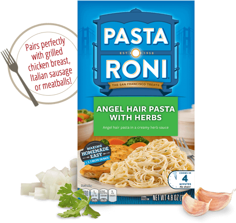 Pasta Roni天使麵條配香草產品包裝 壁紙 — 一個充滿活力的藍色盒子，內有Pasta Roni Angel Hair Pasta with Herbs，展示煮熟的意粉、雞肉和蔬菜，周圍環繞著大蒜和歐芹。