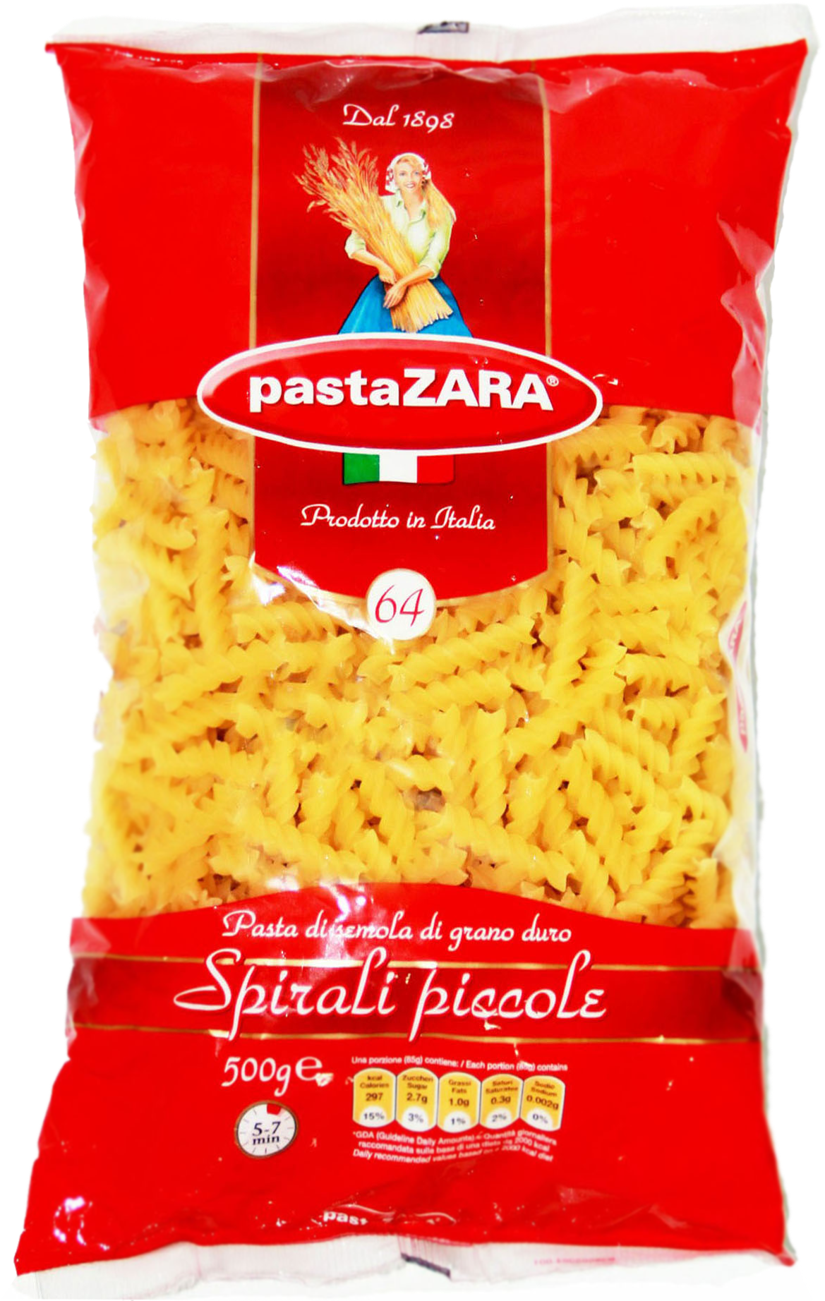 義大利 Pasta ZARA Spirali Piccole 500g 包裝 壁紙 — 一個鮮紅色的pastaZARA品牌螺旋小意粉包裝，一名女子手持小麥和意大利國旗。