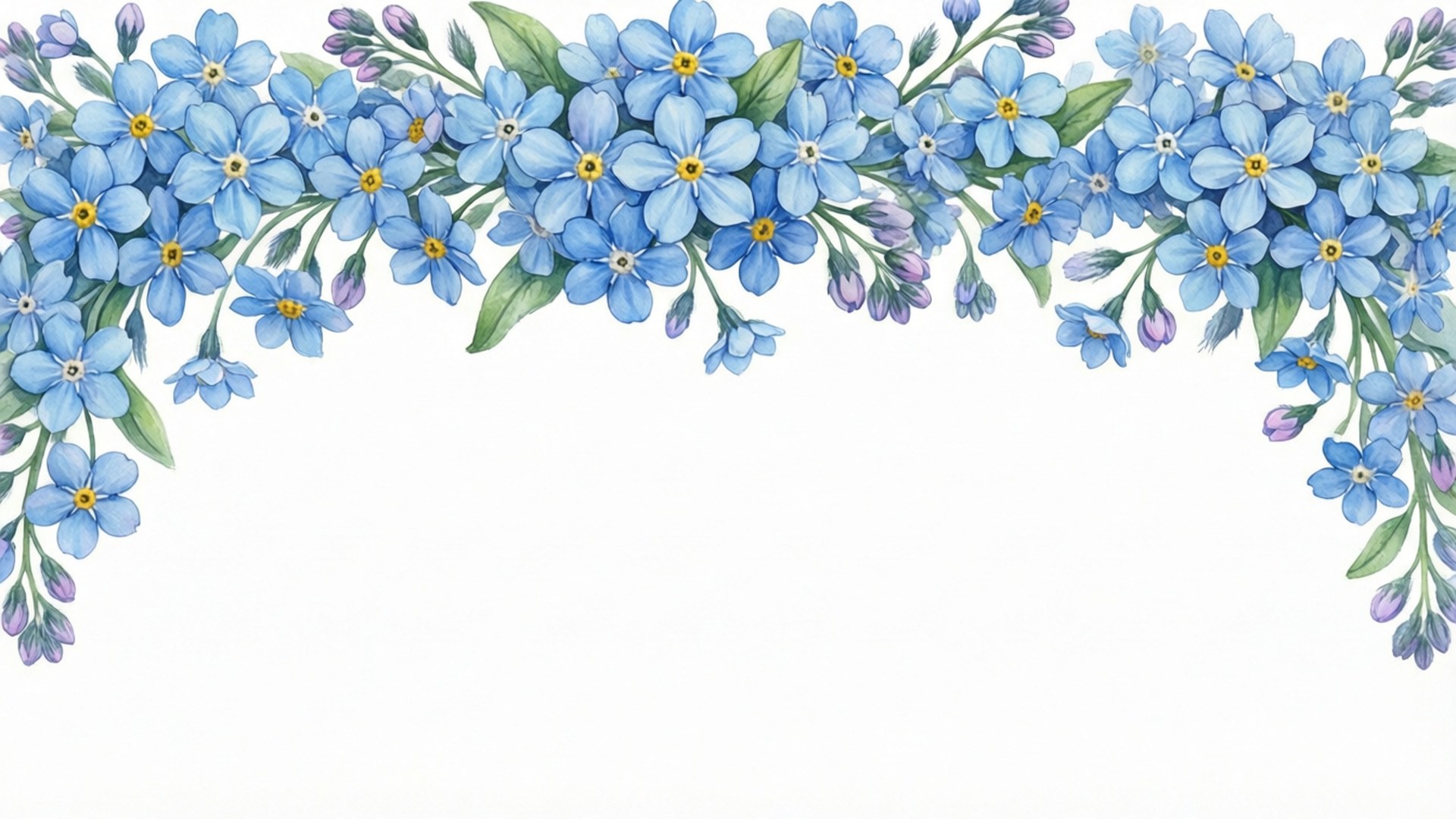 Pastel Blue Forget-Me-Not Border 壁紙 — 藍色毋忘我、綠色葉子和紫色花蕾組成的精緻水彩邊框，優雅地拱在頂部。