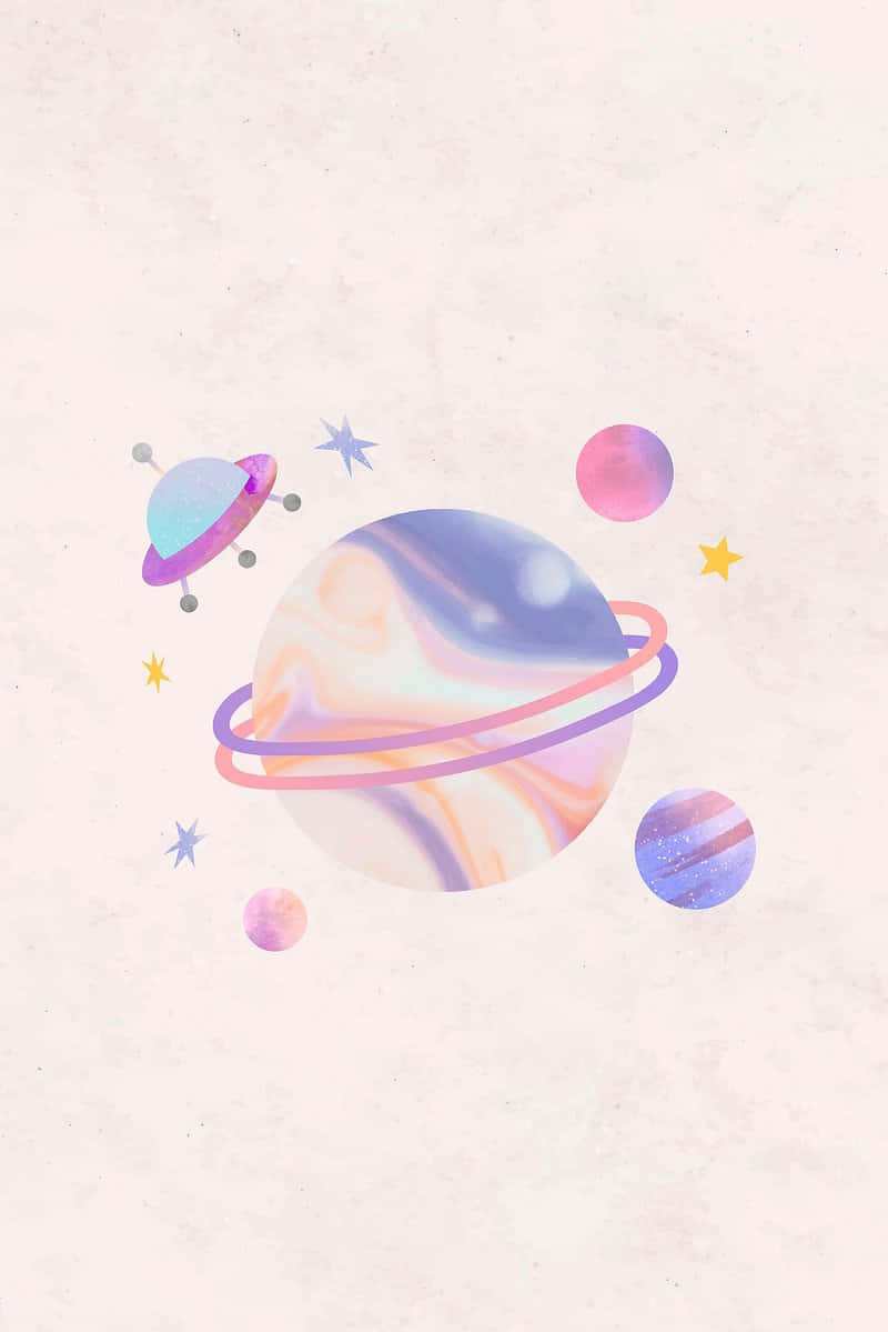  壁紙 — 一個粉彩色的宇宙場景，有旋轉的行星、環、星星和一個UFO漂浮在帶有紋理的淺粉紅色背景上。