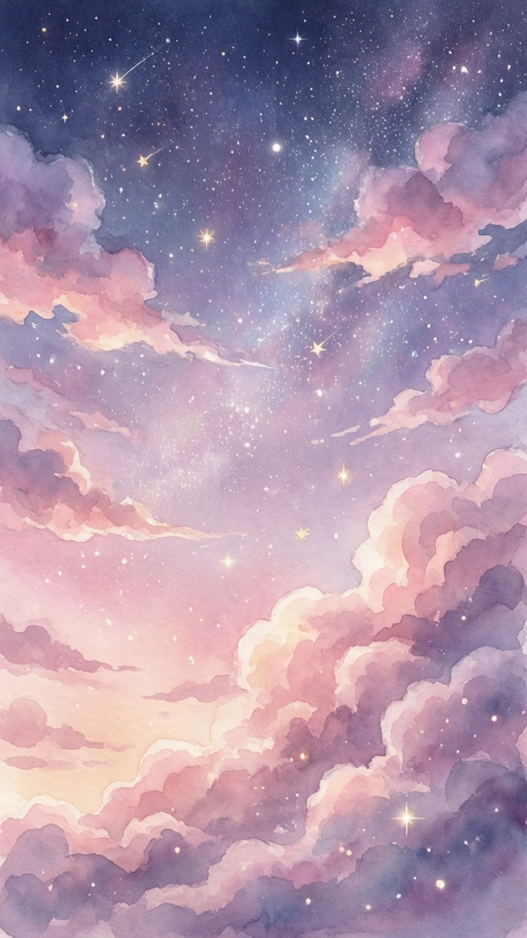 粉紅色和紫色的雲朵在星光閃爍的夜空下飄浮，帶有發光的星星和宇宙塵埃。