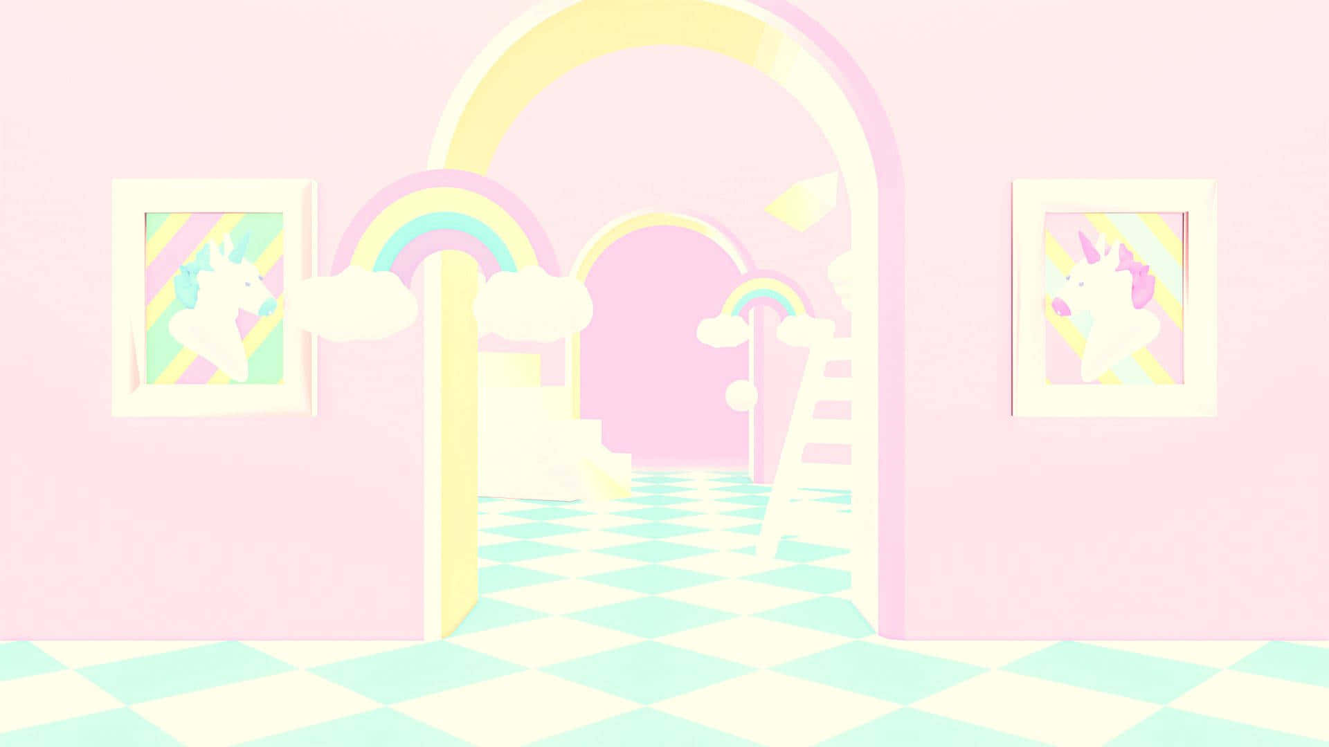 夢幻 Pastel 風筆電，走入彩虹童話世界 壁紙 — 一個粉紅色房間，地板是格子圖案，有彩虹拱門、雲朵和獨角獸畫像，風格奇幻數位化。