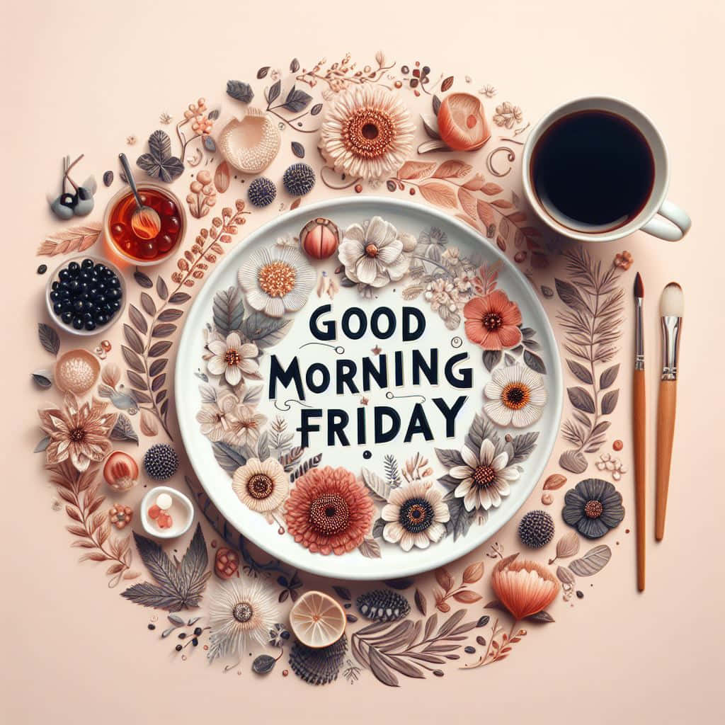  壁紙 — 柔和色調的平鋪擺拍，一個花卉圖案的碟子寫著「GOOD MORNING FRIDAY」，周圍環繞著咖啡刷、漿果和植物元素。