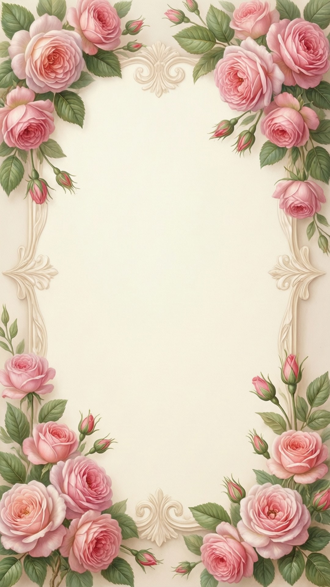 Pastel Floral Border 壁紙 — 優雅復古相框，飾以茂盛的粉紅玫瑰和綠葉，襯以柔和奶油色背景。
