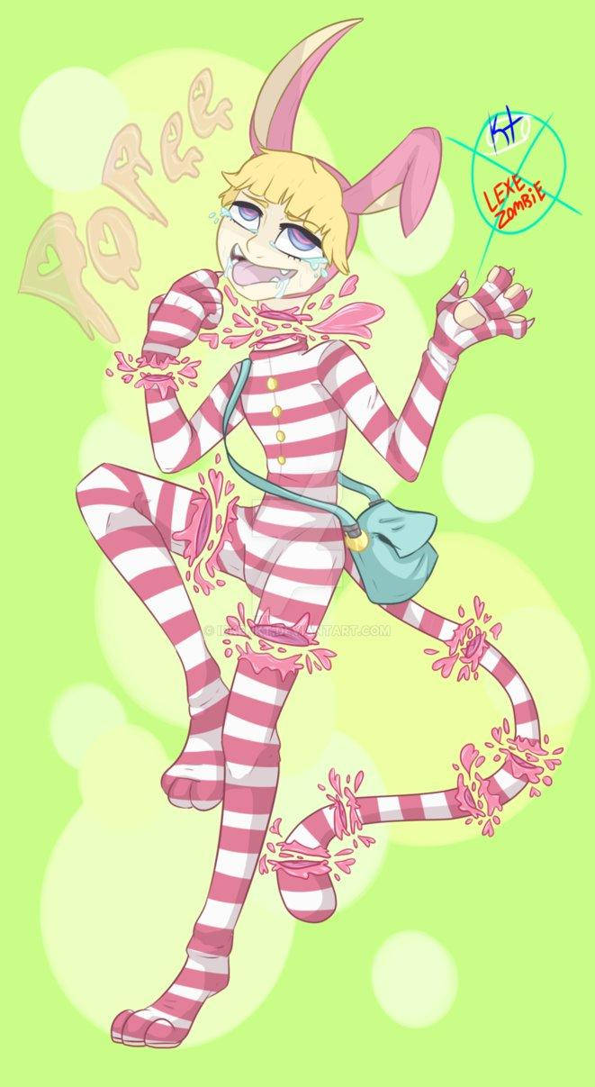 穿著粉紅條紋服裝的動漫兔女郎跳舞，粉紅色的黏液飛濺。