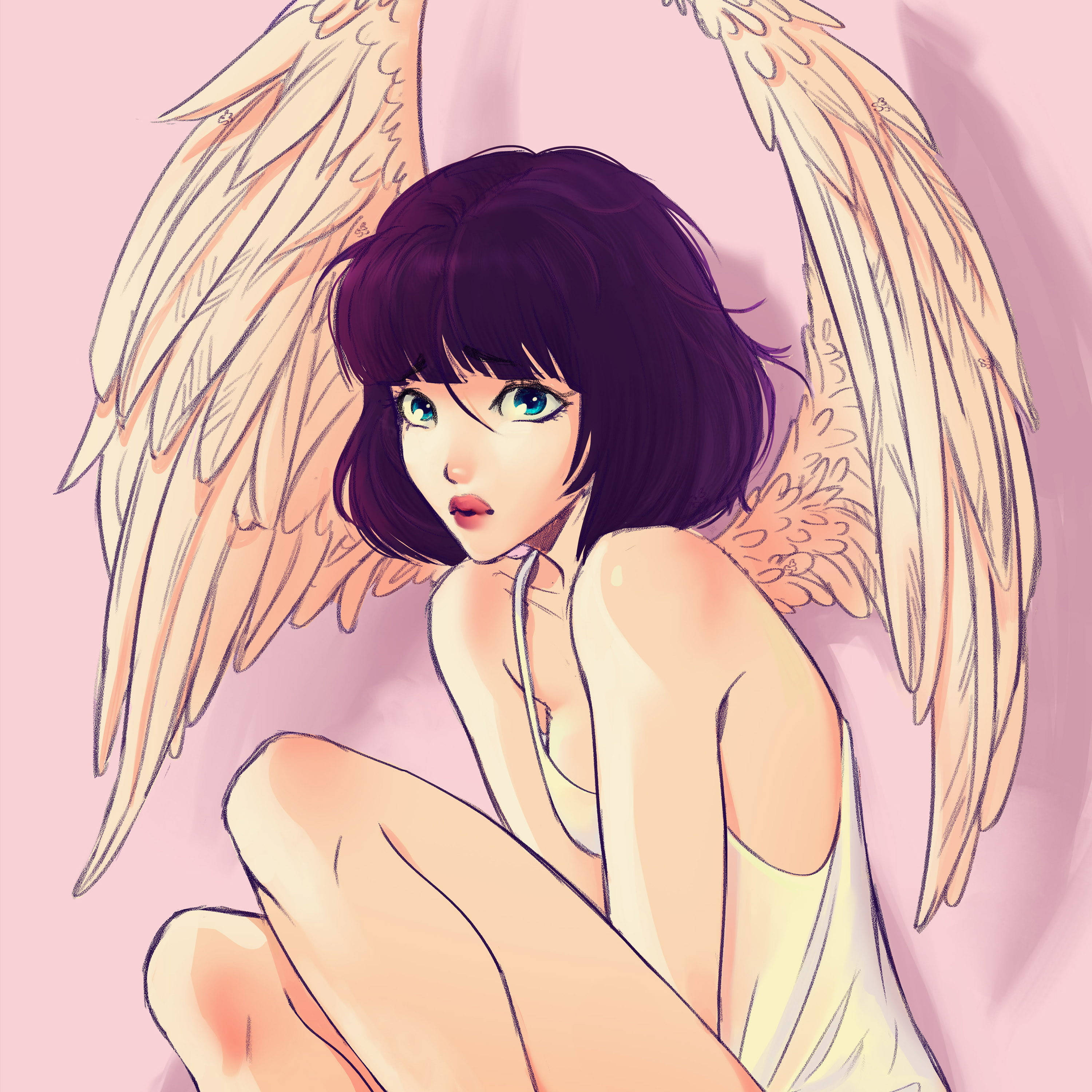 _pastel_goth_天使女孩 壁紙 — 一個年輕的動漫天使，紫色頭髮，藍色大眼睛，蹲坐在柔和的粉紅色背景前。