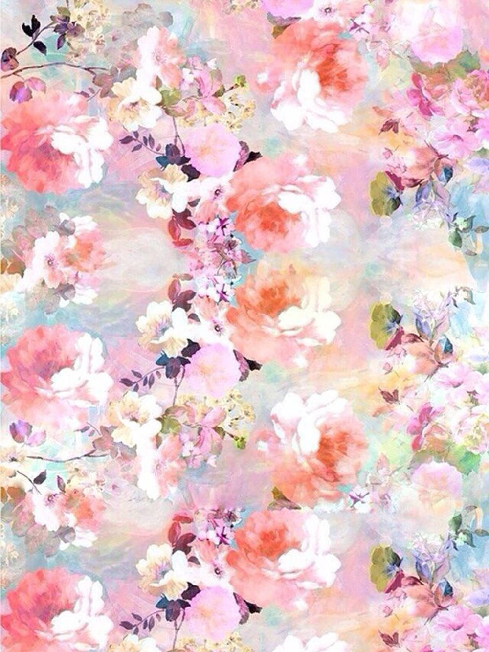 Pastel iPad盛開玫瑰壁紙 壁紙 — 一款夢幻的水彩花卉牆紙，柔和的粉紅蜜桃色和粉藍色花朵漂浮在朦朧的漸變背景上。
