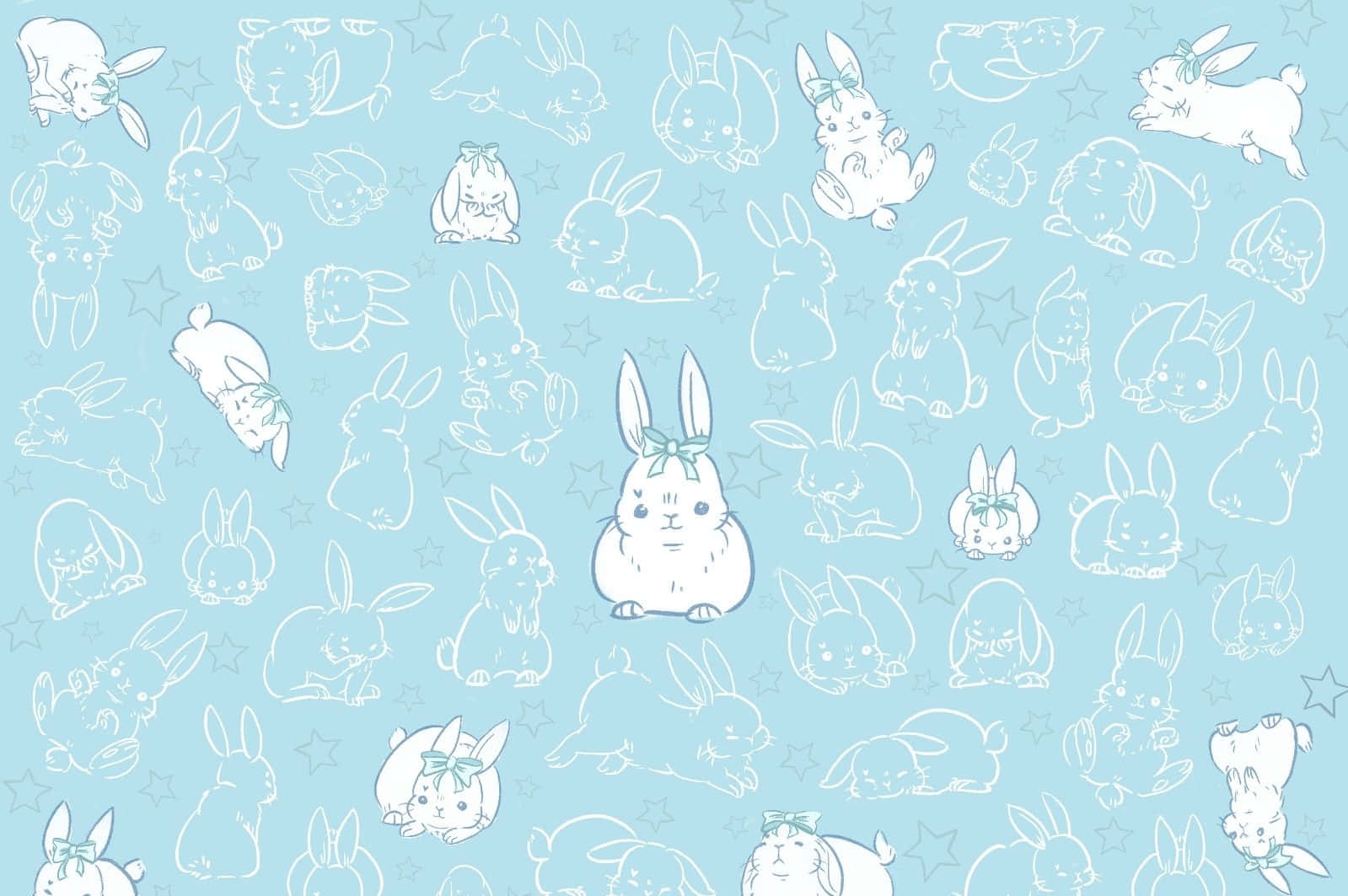 擁抱 Pastel 色彩的可愛，選擇這款可愛的 Kawaii Pastel 筆電 壁紙 — 淺藍色牆紙，圖案為可愛的白色輪廓兔子和星星，中央一隻兔子戴著蝴蝶結。