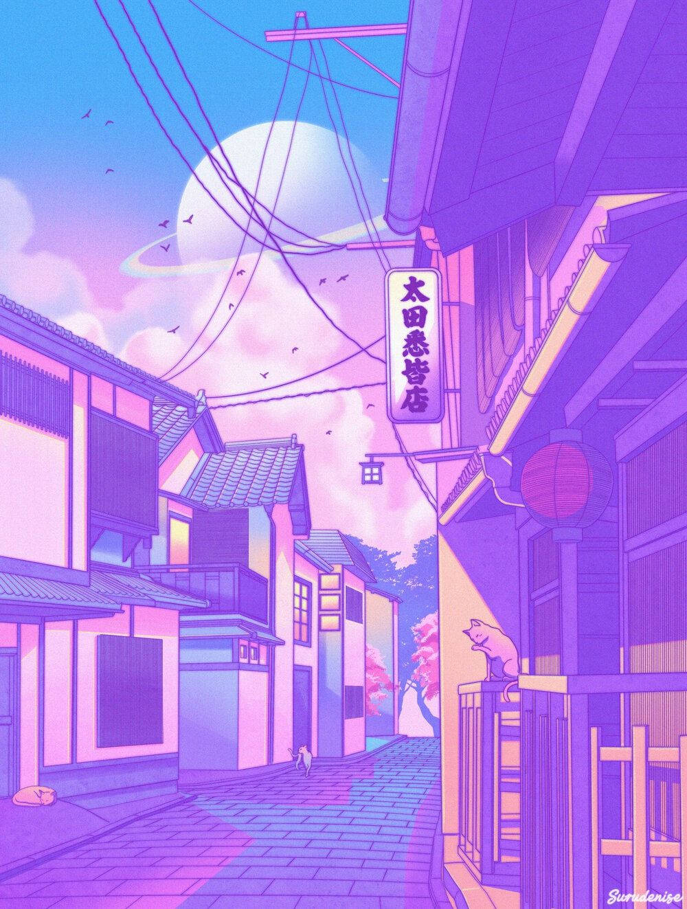 Pastel Phone 漫畫風街區 壁紙 — 一條寧靜的動漫風格小巷，沐浴在紫色和粉紅色的色調中，頭頂有一輪明月和飛鳥。
