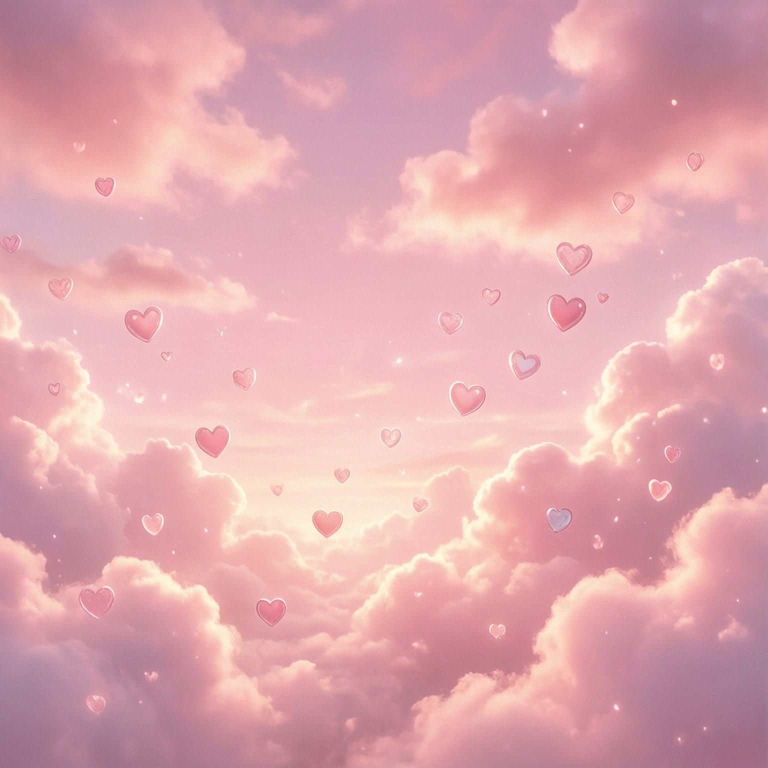 夢幻粉彩天空中的粉紅雲朵與漂浮心形