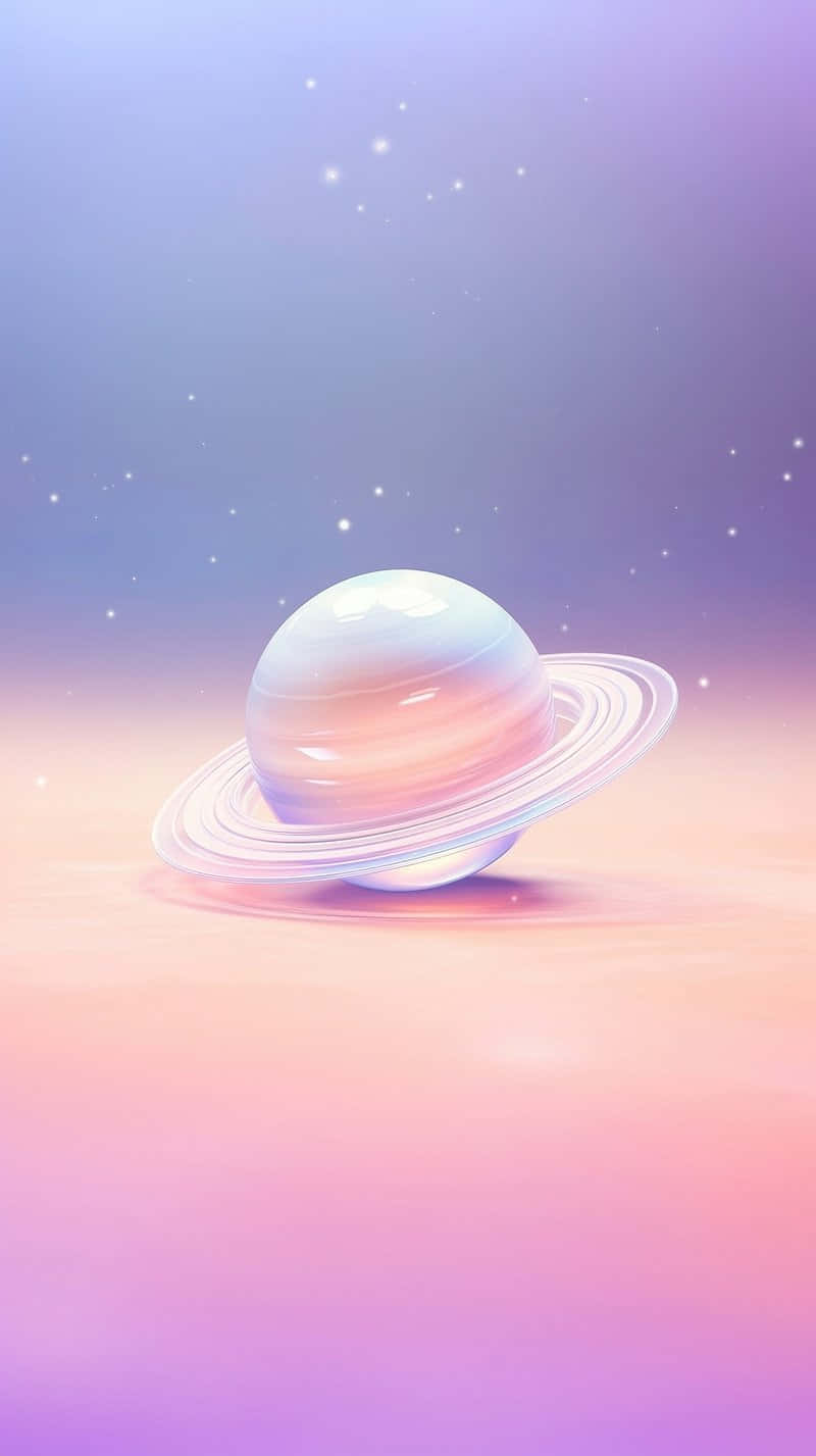  壁紙 — 一顆帶有光環的粉彩色行星，在點綴著閃爍星星的漸變天空上寧靜地漂浮。