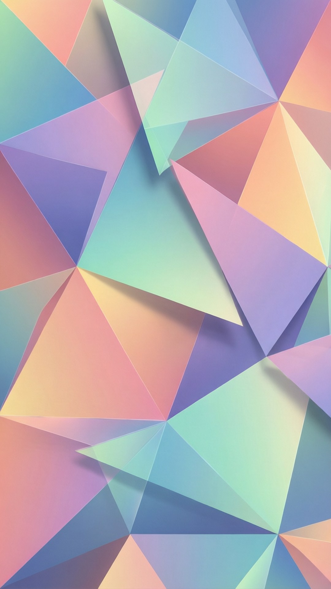 Pastel Triangles 壁紙 — 充滿活力的抽象牆紙，由粉紅、藍、綠和黃色的柔和漸變重疊粉彩三角形組成。