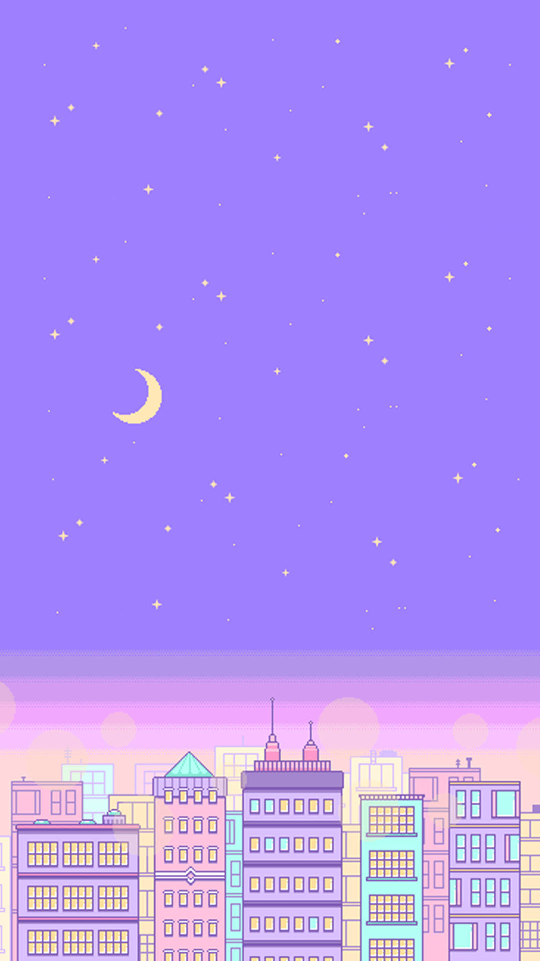可愛 Pastel 風格夜景建築 壁紙 — 新月下，星星點點的紫色天空中，柔和色調的城市建築閃閃發光。
